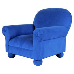 Vintage Electric Blue Upholstered Custom Made Roll Arm Club Chair, circa 1995