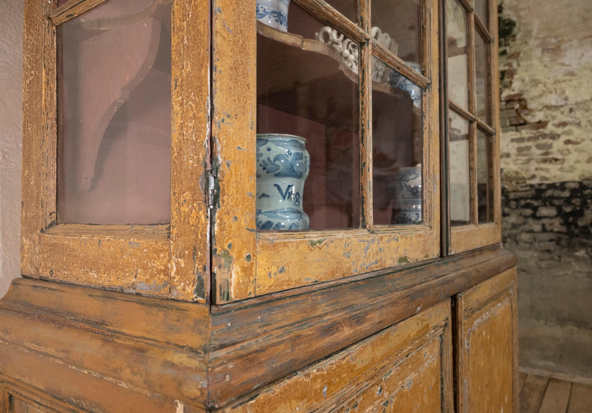 Danish 18th Century Dutch Dry Scraped Glazed Vitrine Cabinet For Sale