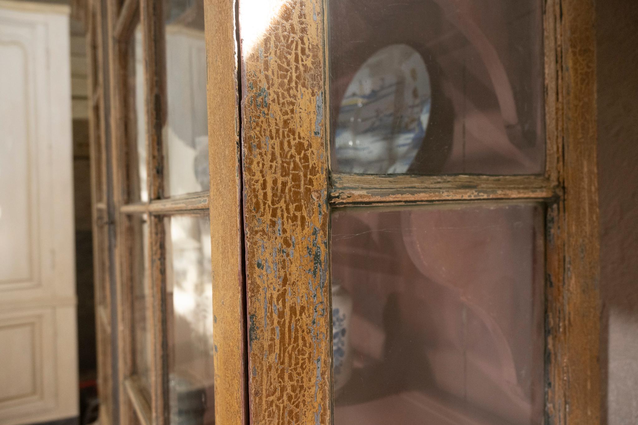 Wood 18th Century Dutch Dry Scraped Glazed Vitrine Cabinet For Sale