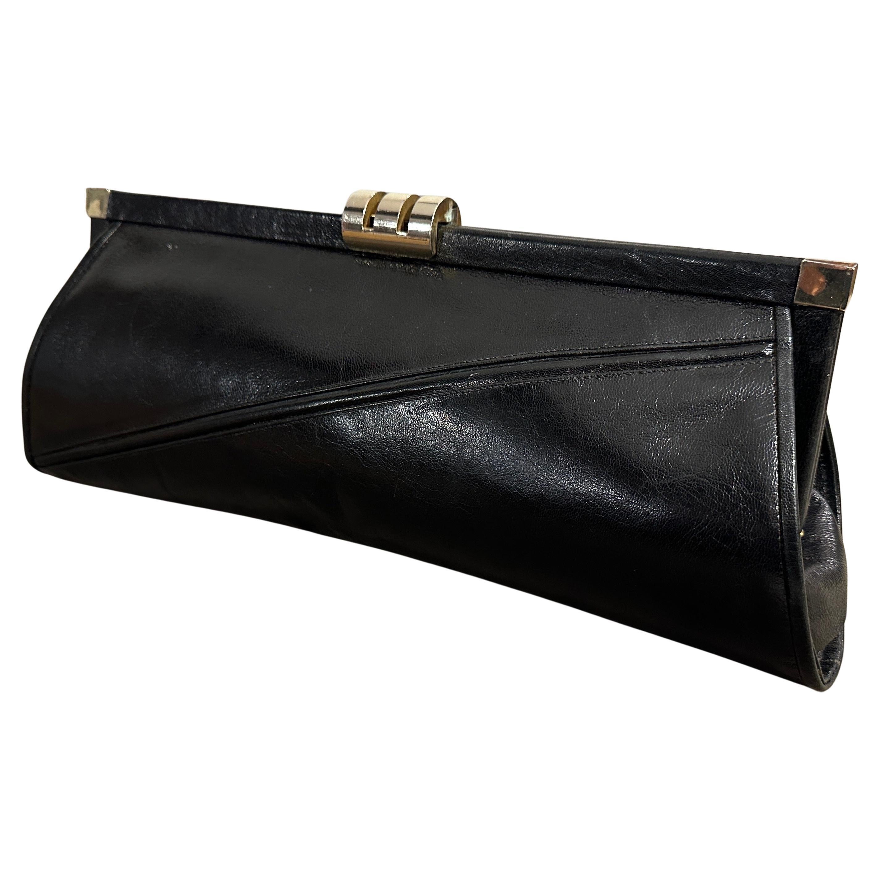An Elegant 1960s Black leather and Brass Clasp Italian Clutch Bag For Sale