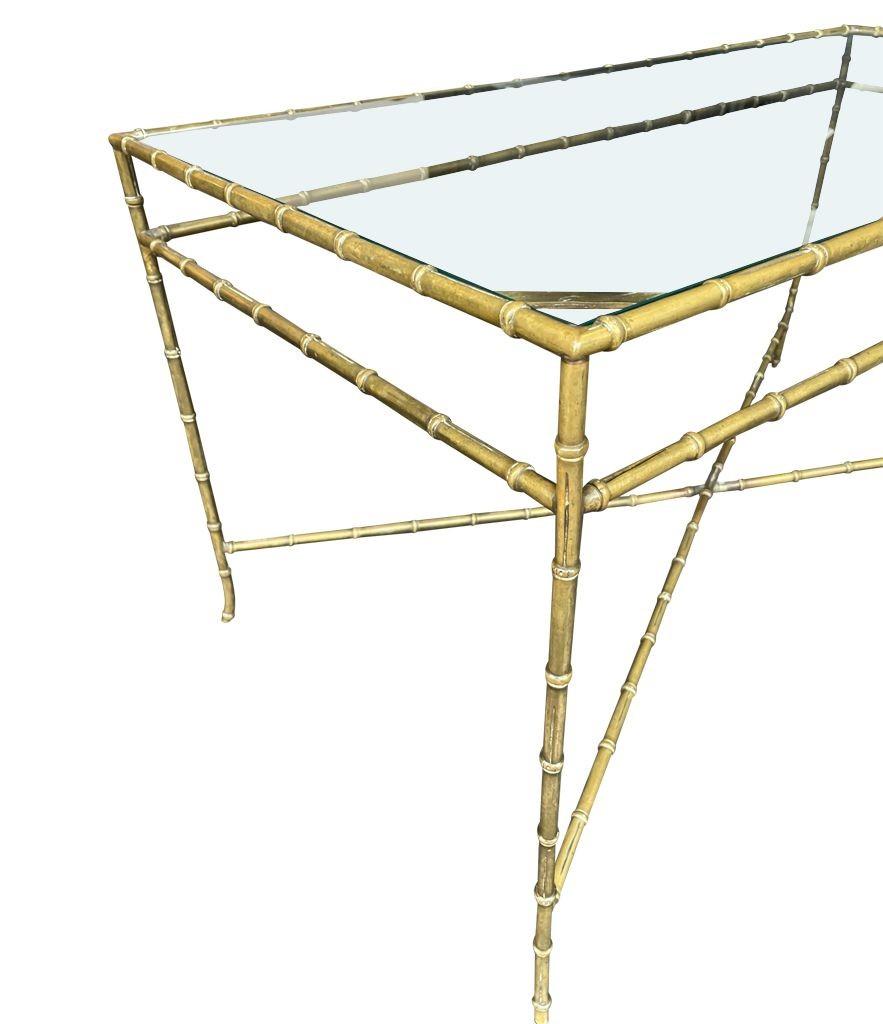 Elegant 1960s Maison Bagues Faux Bamboo Brass Coffee Table with Glass Top 4