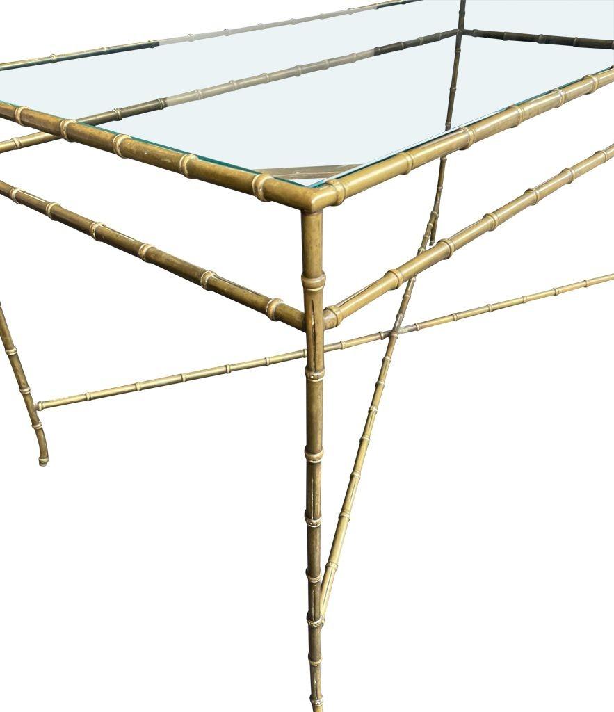 Italian Elegant 1960s Maison Bagues Faux Bamboo Brass Coffee Table with Glass Top