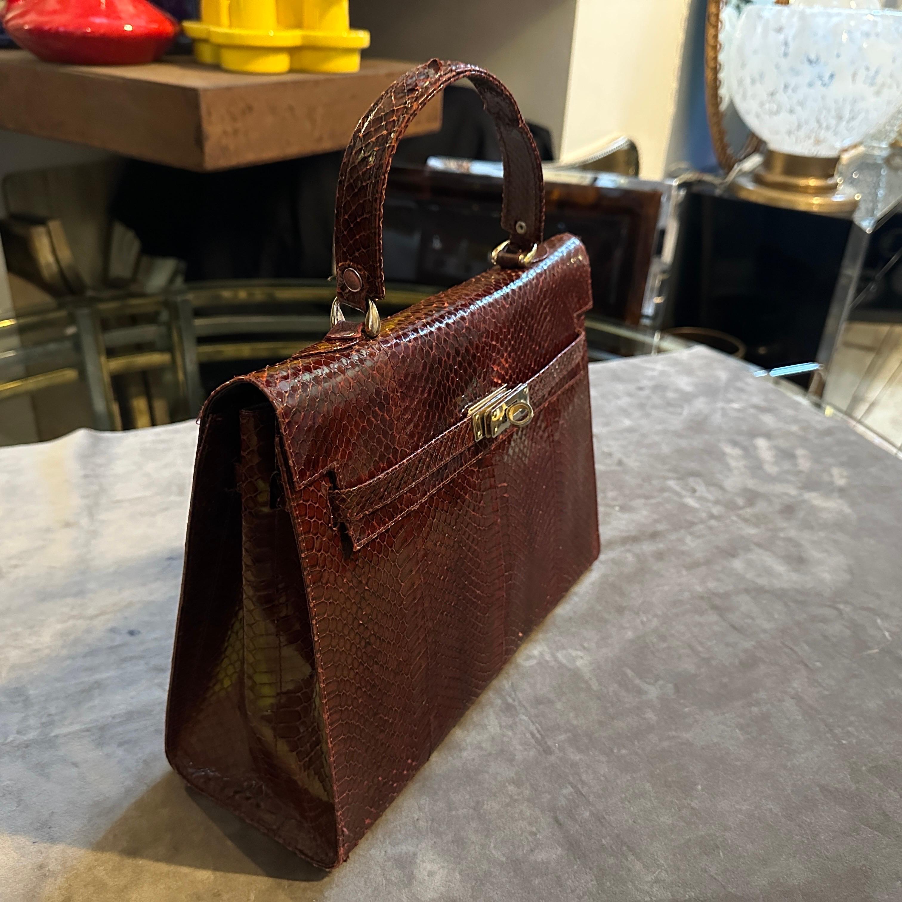 An Elegant 1970s Brown Leather and Brass Kelly Hand Bag For Sale 3