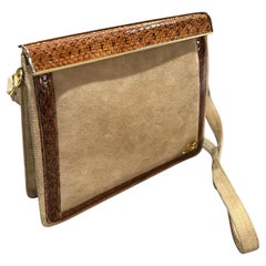 An Elegant 1980s Beige Suede and Brown Leather Italian Shoulder Bag