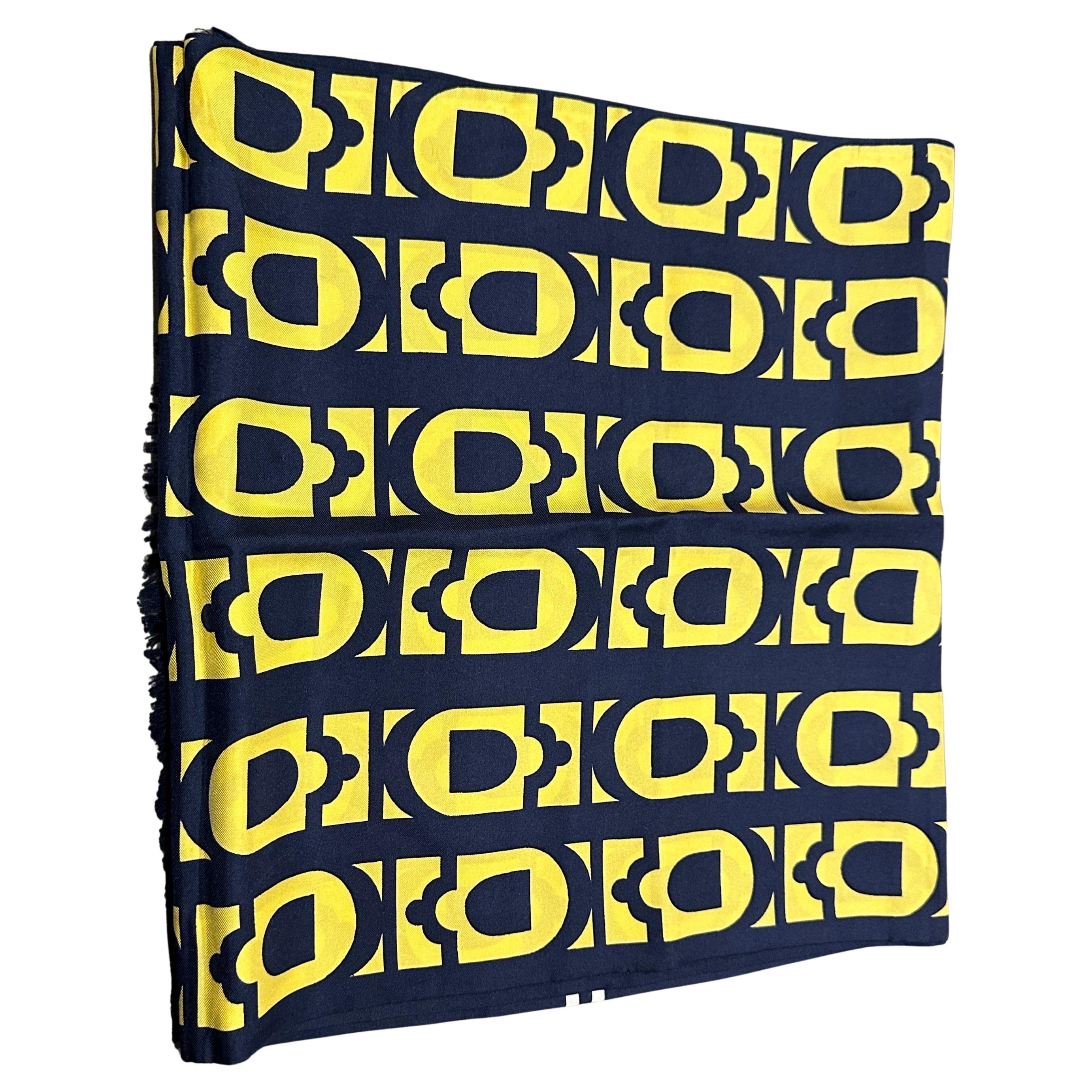 Black An Elegant 1980s Blue and Yellow Silk Scarf by Pierre Lanvin For Sale