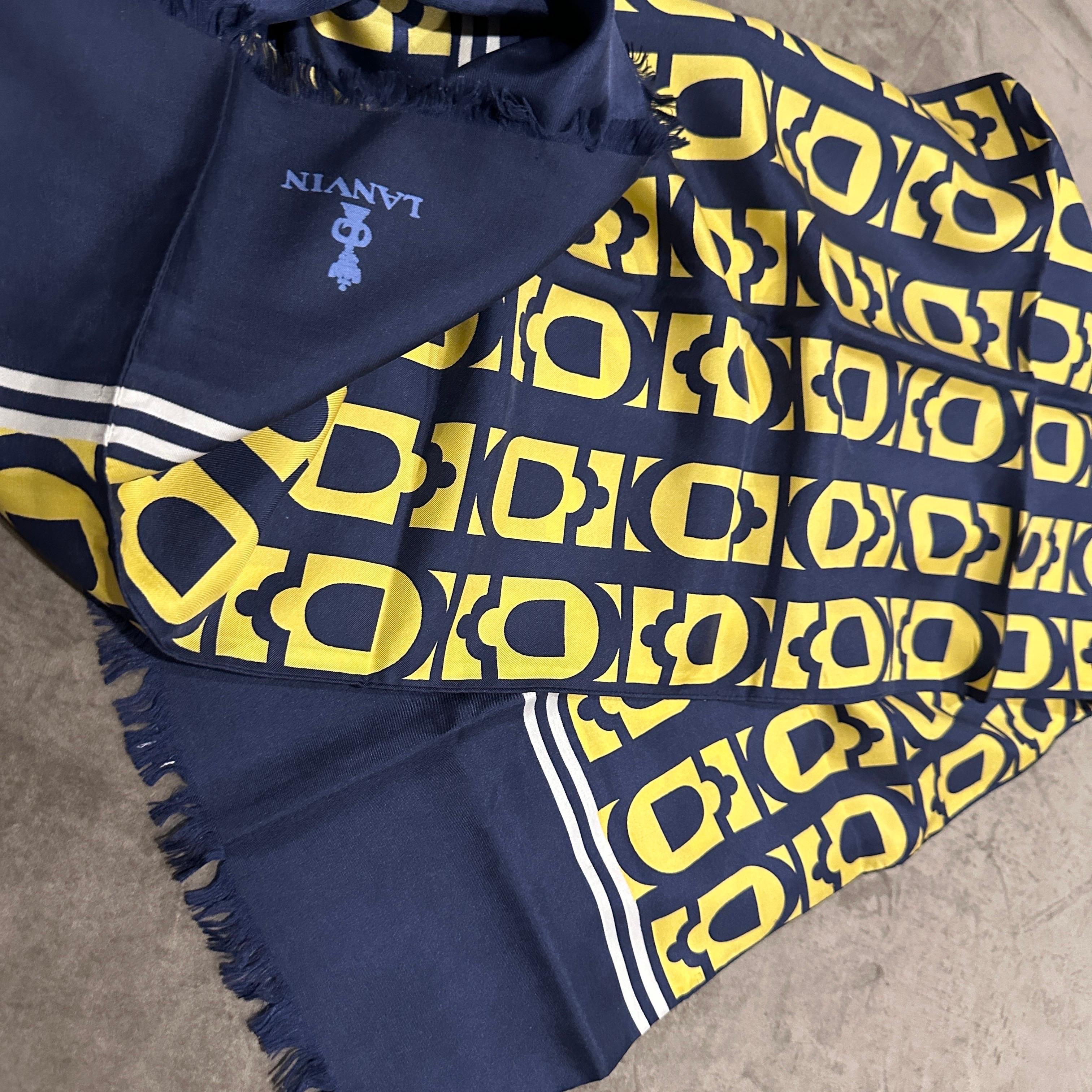 An Elegant 1980s Blue and Yellow Silk Scarf by Pierre Lanvin For Sale 3