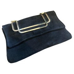 An Elegant 1980S Retro Blue Velvet and Silver Hardware Italian Clutch