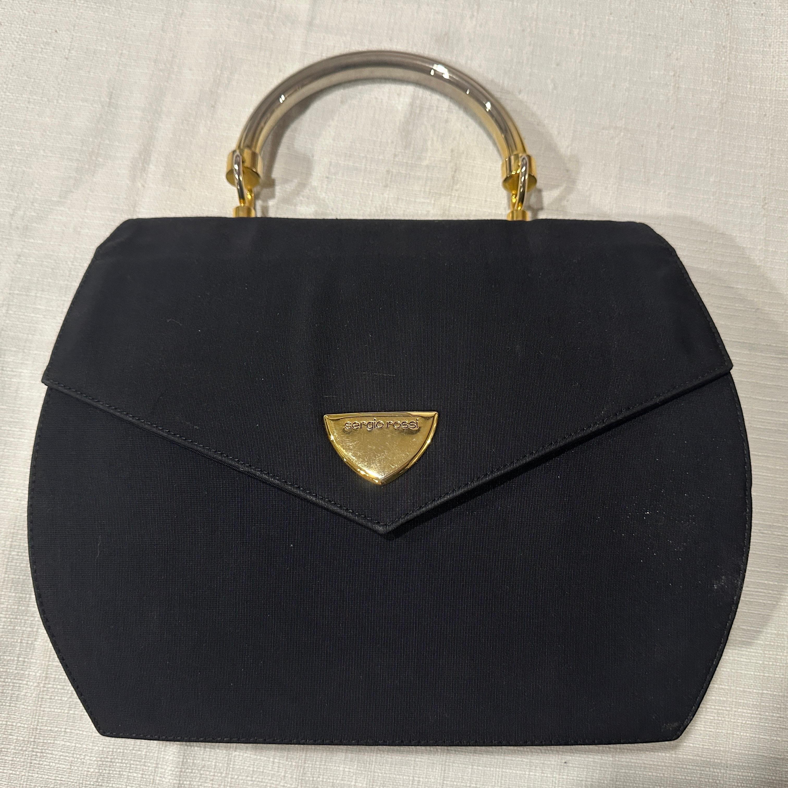 An Elegant 1990s Black Fabric, Brass and Chromed Metal Hand-Bag by Sergio Rossi For Sale 6
