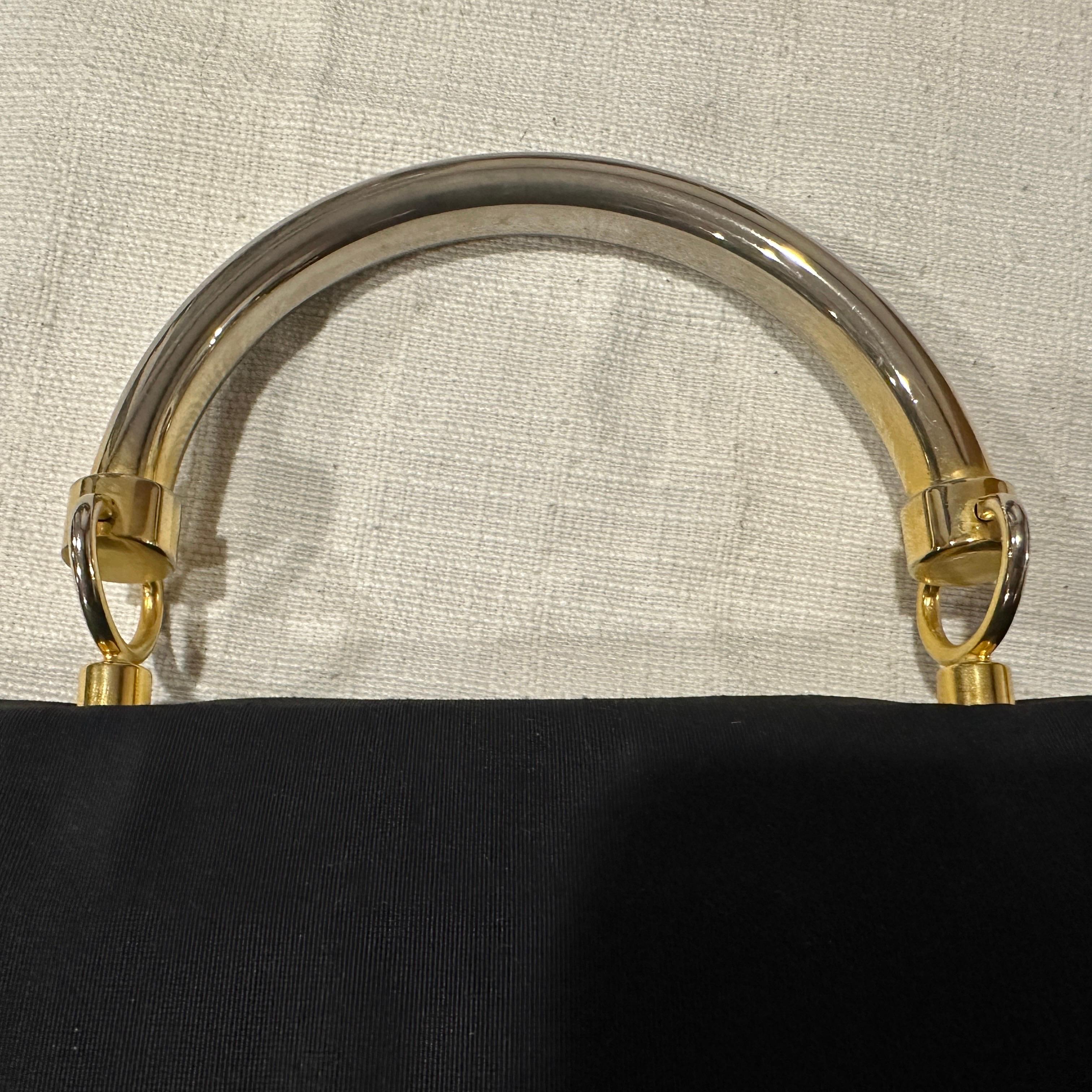 An Elegant 1990s Black Fabric, Brass and Chromed Metal Hand-Bag by Sergio Rossi For Sale 7