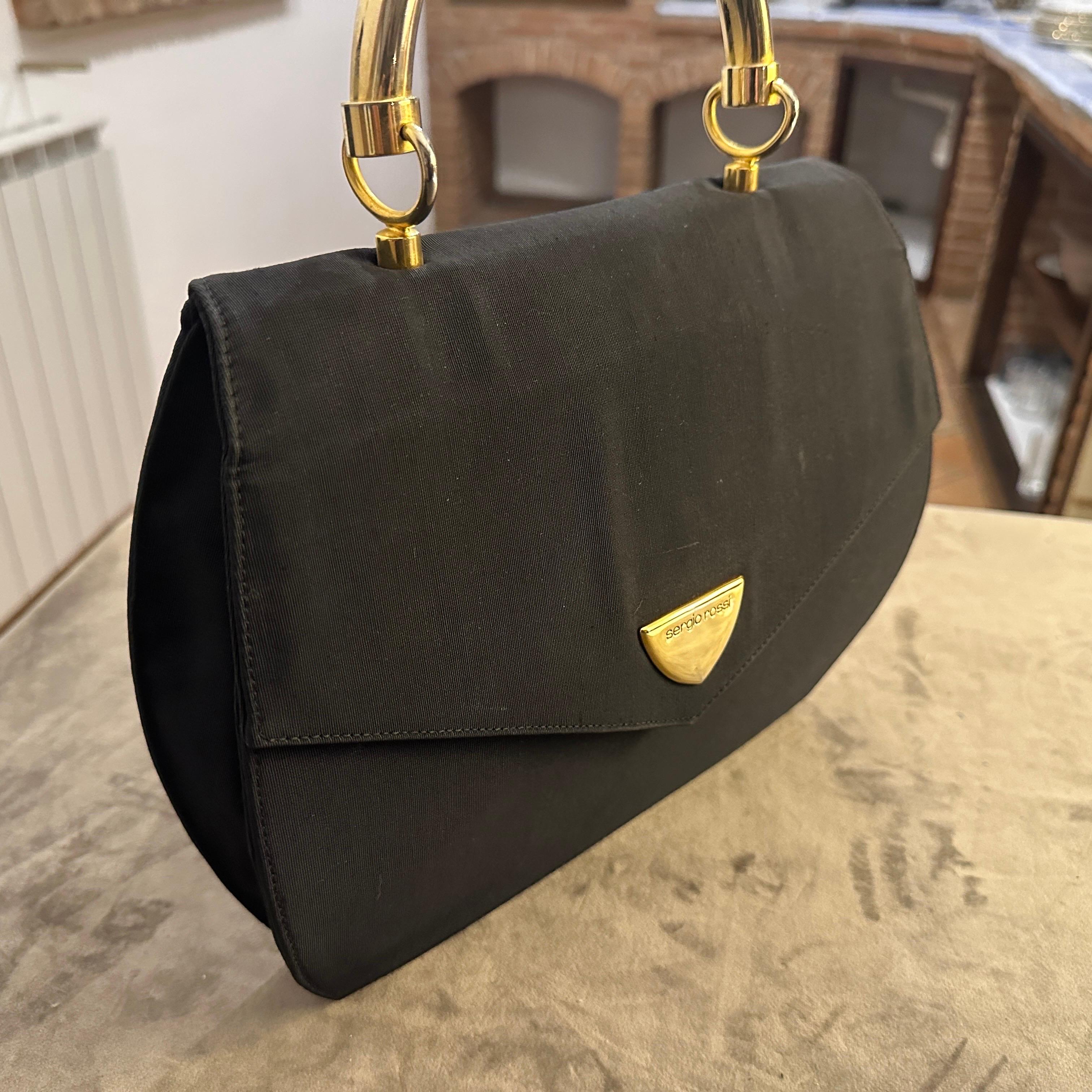 An Elegant 1990s Black Fabric, Brass and Chromed Metal Hand-Bag by Sergio Rossi For Sale 5