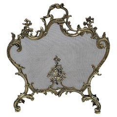 Antique Elegant 19th Century Brass Fire Screen in the Rococo Manner