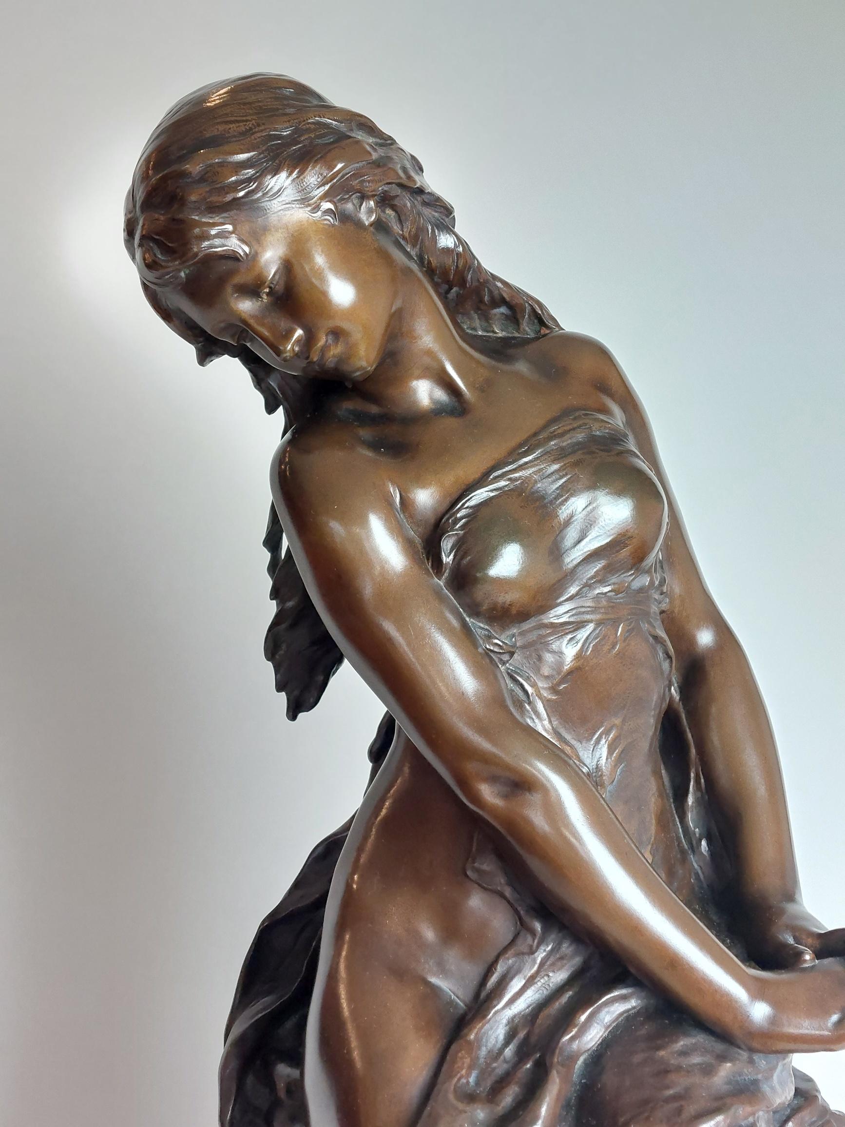 An elegant 19th century French bronze titled ‘Summer’ Signed Math Moreau.

A neoclassical sculpture part of the allegories set of the Four Seasons, she is the joyful embodiment of summer as she looks towards swallows flying past her feet, a