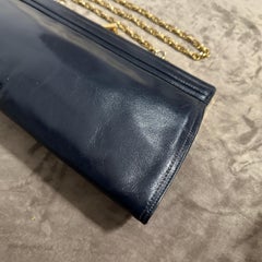 An Elegant 80s Blue Leather and Brass Structured Italian Shoulder bag by Esseppi