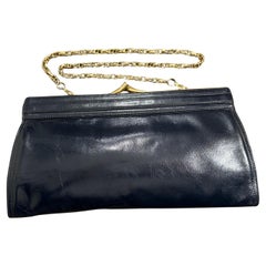 Vintage An Elegant 80s Blue Leather and Brass Structured Italian Shoulder bag by Esseppi