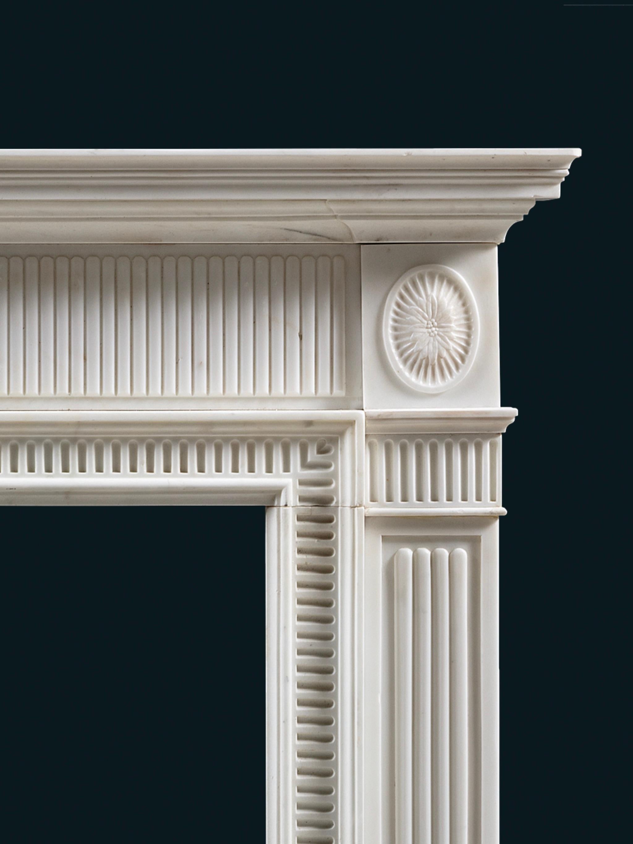 English An Elegant, Architectural Chimneypiece in Statuary Marble, after Sir John Soane For Sale
