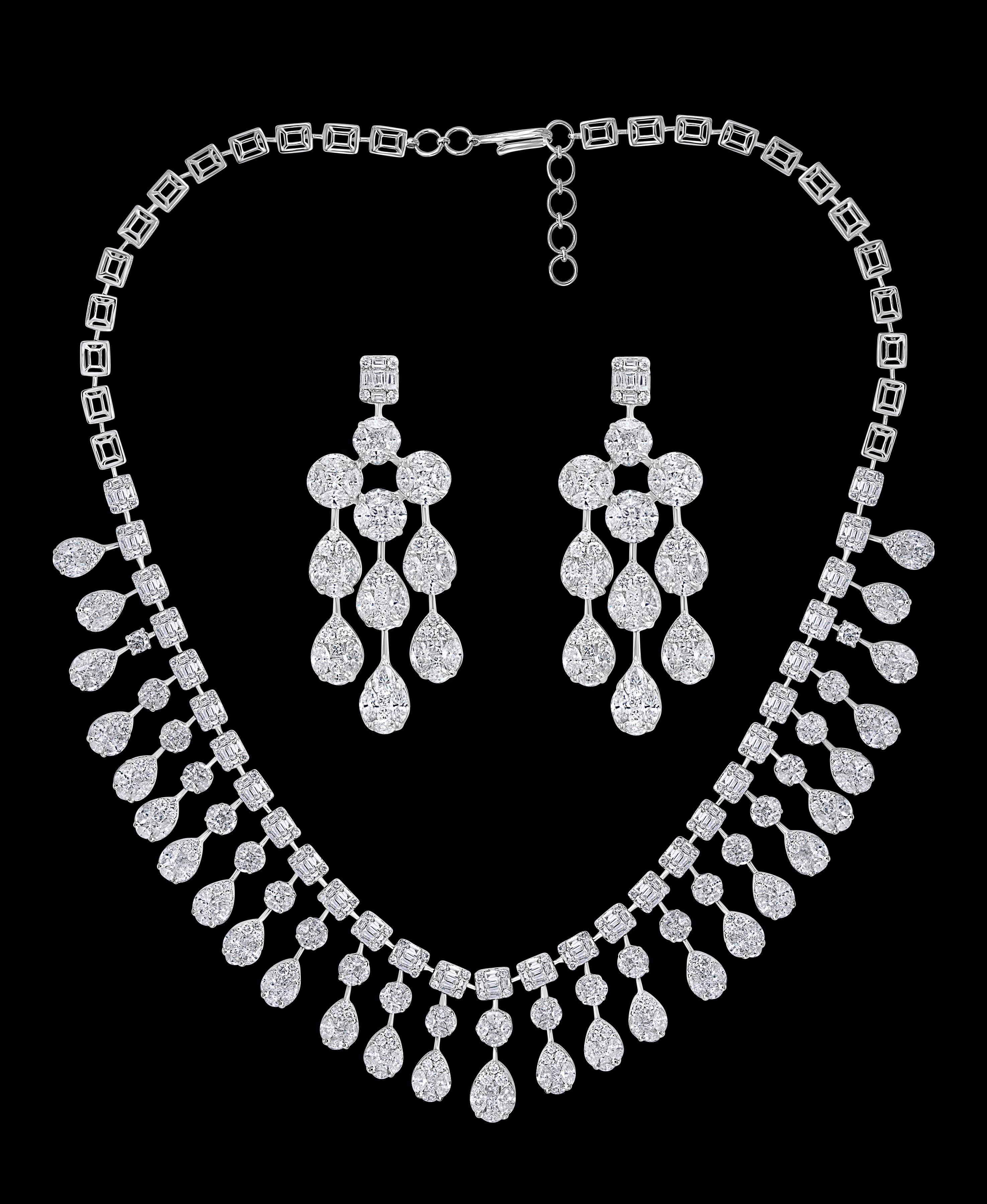 An Elegant Dangling  32 Carat Diamond  Necklace & Earring Suite in 18 Karat Gold

One of our premium necklace from our Bridal collection.
32 carats of VS quality of Diamonds all mounted in 18 Karat white gold . Weight of the gold  is 67 grams. Round