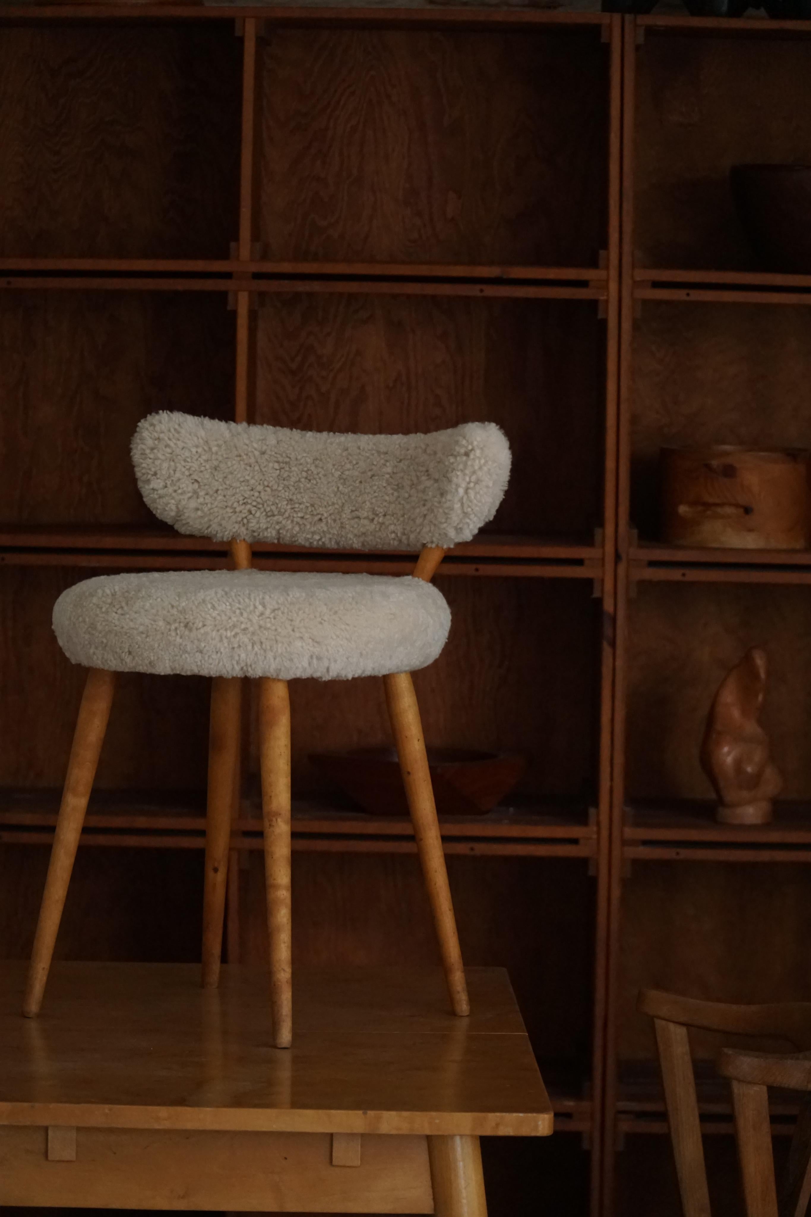 An Elegant Danish Modern Low Back Makeup Chair, Reupholstered Lambswool, 1940s 5