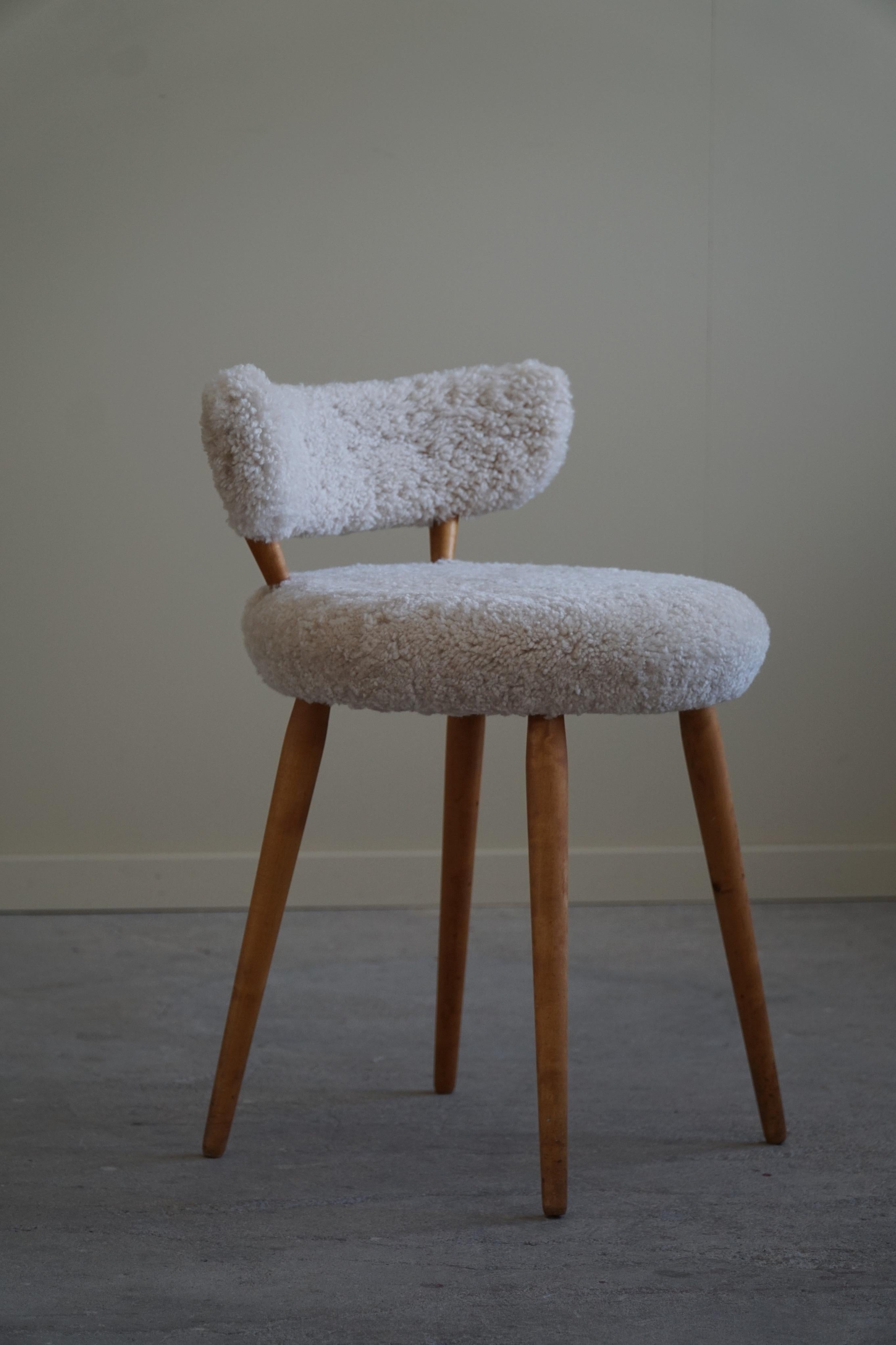 Lambskin An Elegant Danish Modern Low Back Makeup Chair, Reupholstered Lambswool, 1940s