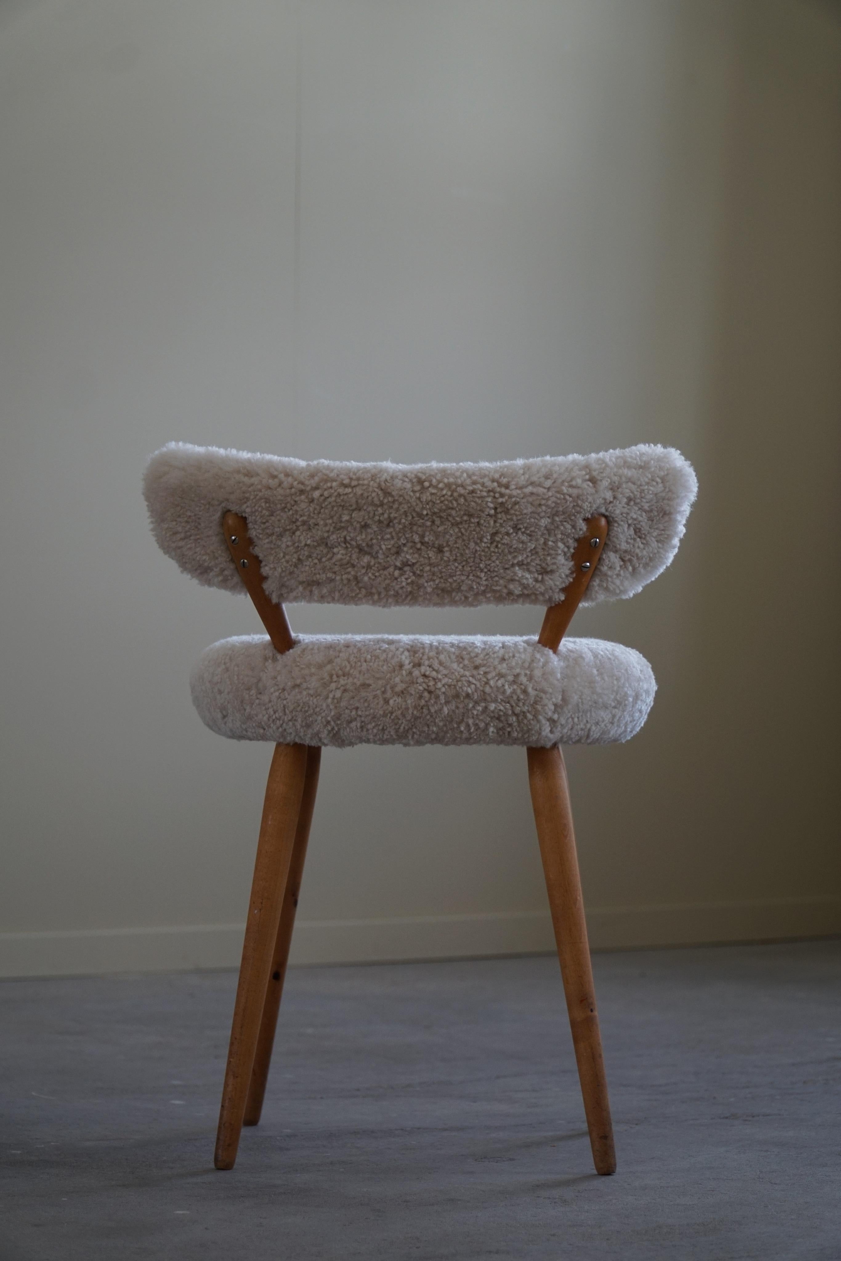 An Elegant Danish Modern Low Back Makeup Chair, Reupholstered Lambswool, 1940s 2
