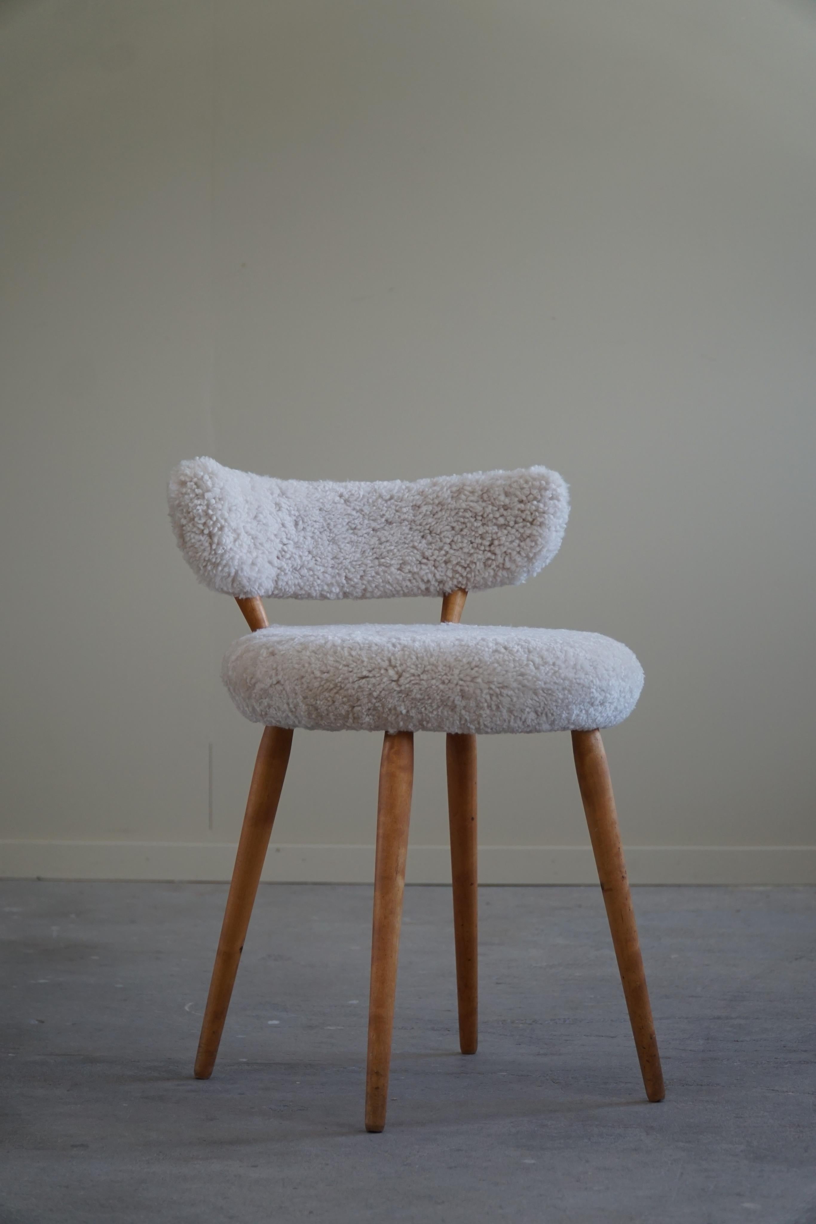 An Elegant Danish Modern Low Back Makeup Chair, Reupholstered Lambswool, 1940s 3
