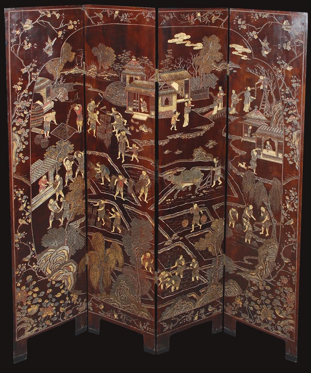 An elegant four-panel antique Chinese double sided coromandel screen 
comprised of traditional lacquer that is then hand carved and painted in lacquer pigments. 
The contrasting aesthetic of the two sides is most engaging as one side illustrates a