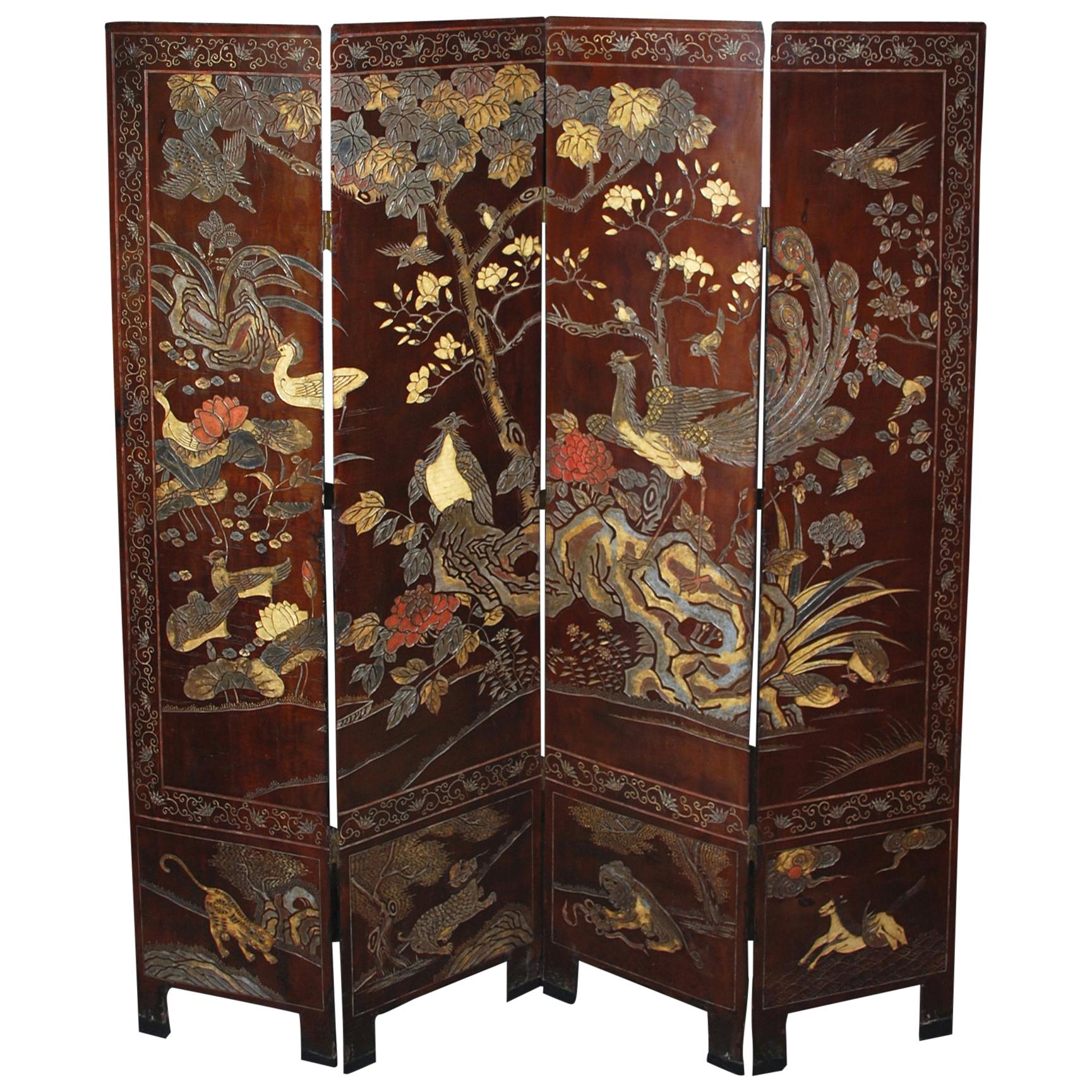 Elegant Four-Panel Antique Chinese Double-Sided Coromandel Screen