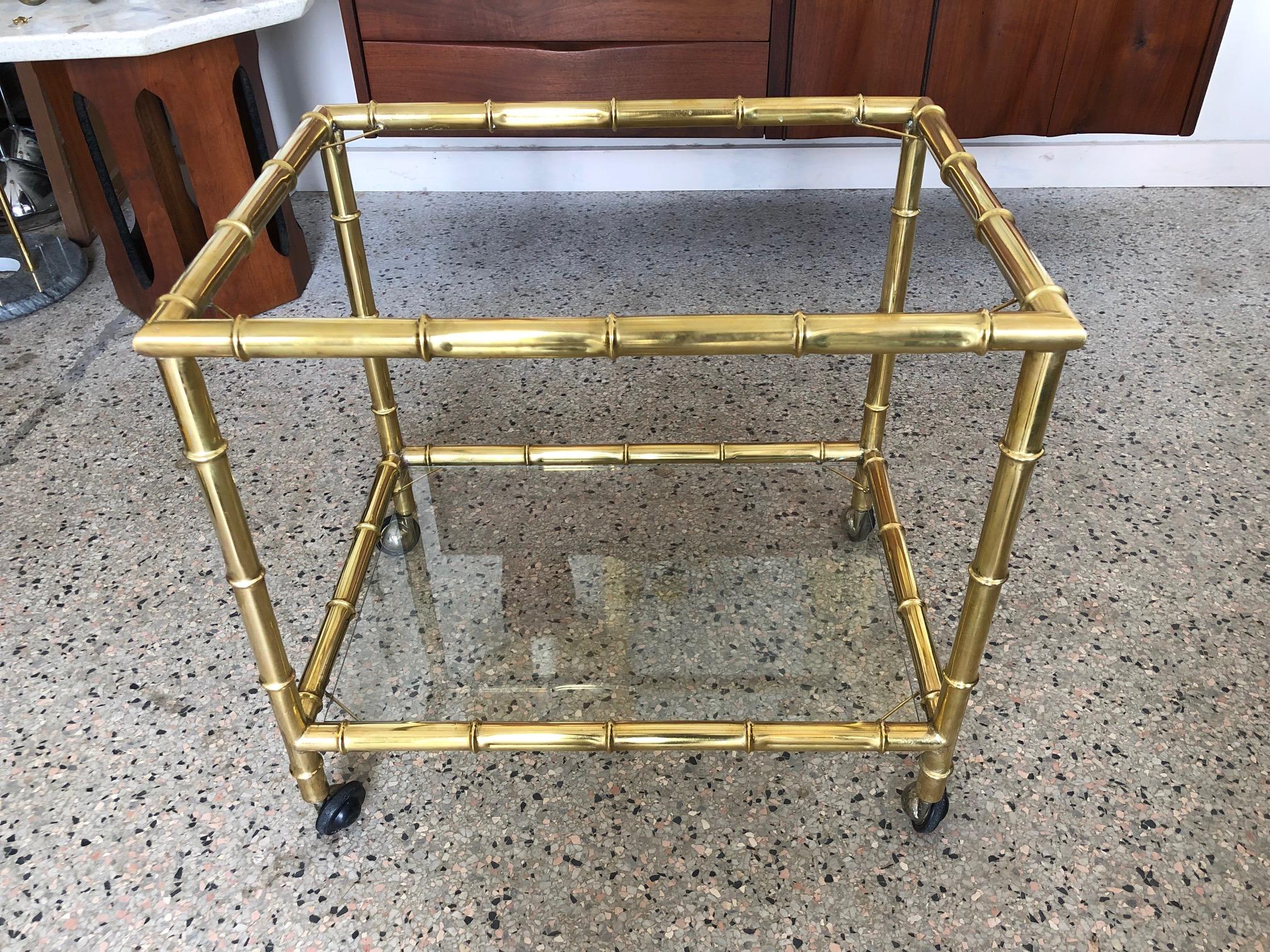 Elegant French Brass Faux Bamboo Bar Cart with Removable Tray Top 1