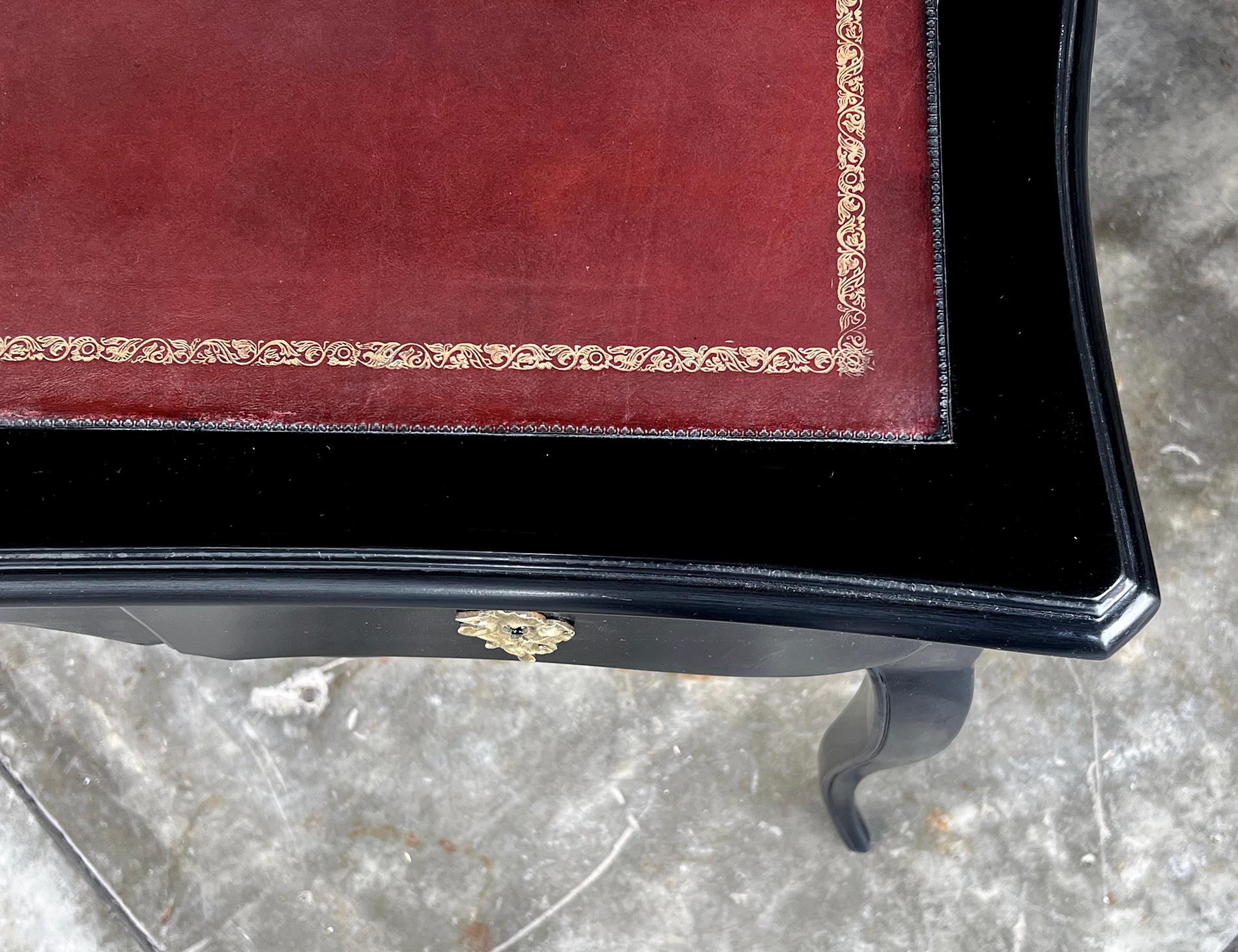 Painted An Elegant French Louis XV Style Ebonized 3-Drawer Writing Desk with Leather Top For Sale