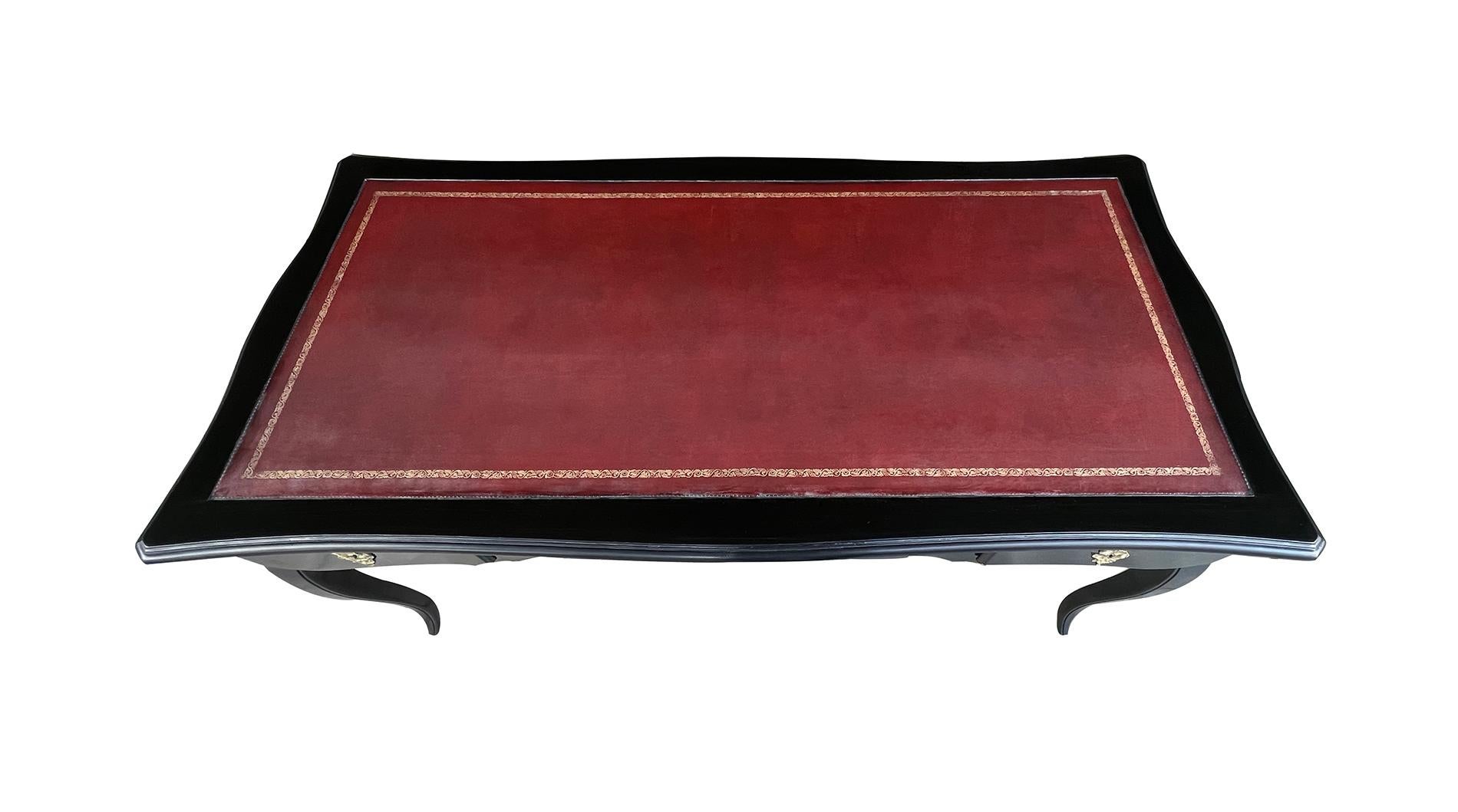 An Elegant French Louis XV Style Ebonized 3-Drawer Writing Desk with Leather Top In Good Condition For Sale In San Francisco, CA