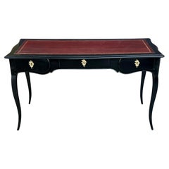 Antique An Elegant French Louis XV Style Ebonized 3-Drawer Writing Desk with Leather Top