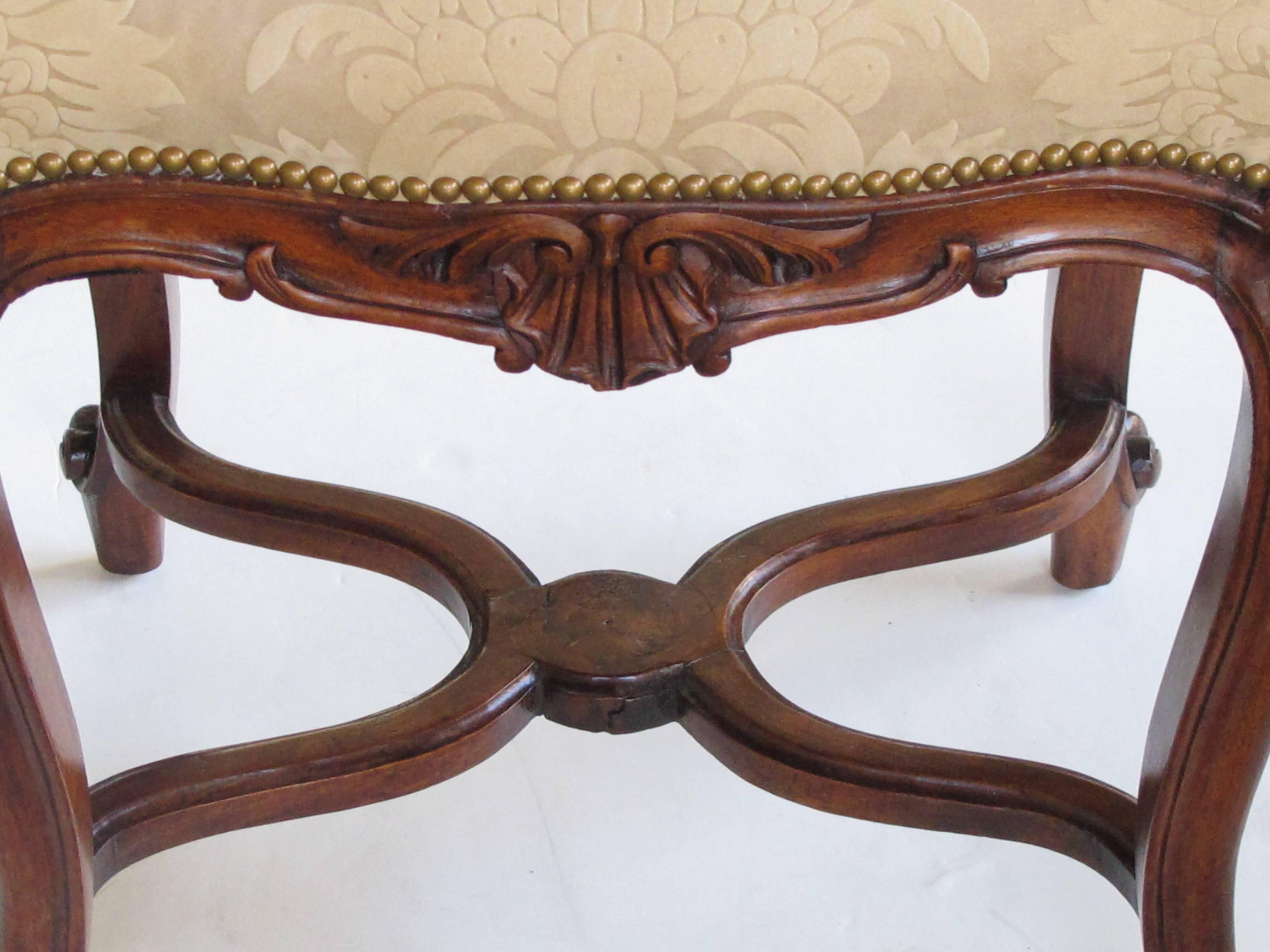Elegant French Regence Style Carved Walnut Stool with Cut-Suede Upholstery In Excellent Condition In San Francisco, CA