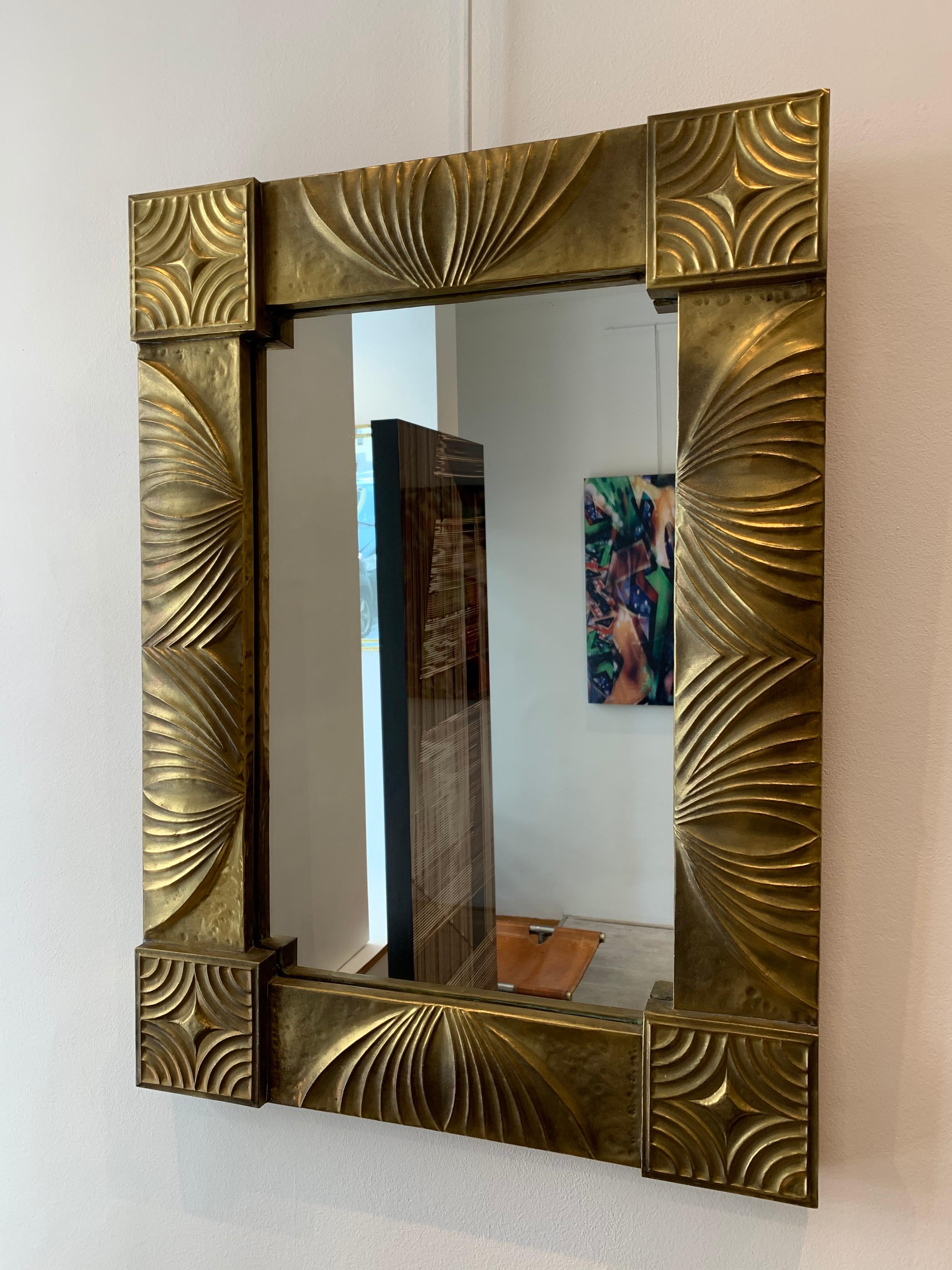 Elegant French Repoussé Gilt Metal Mirror, 1940s In Good Condition In Brussels, BE