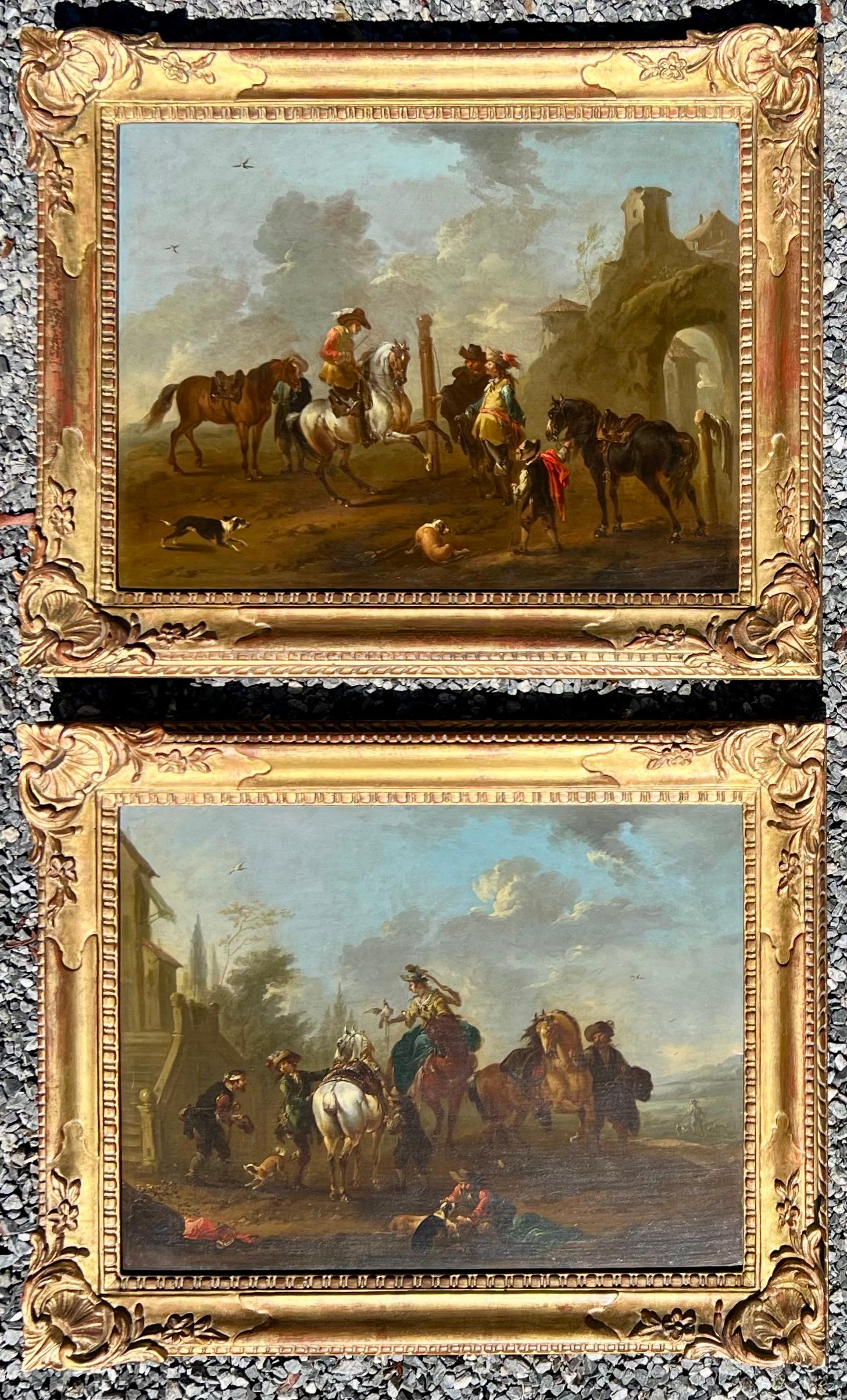 Pair of old master paintings by August Querfurt (1696-1761).  Oil on panel, one signed with initials in the lower left.  Two scenes depicting hawking parties from the 18th century.  In wonderful condition and ready to hang.  The dimensions listed