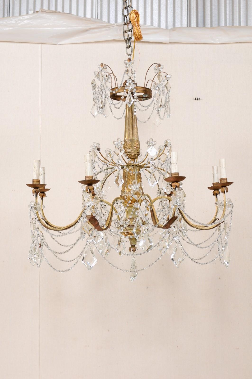 Elegant Italian Crystal and Giltwood Eight-Light Chandelier, Early 20th Century In Good Condition In Atlanta, GA