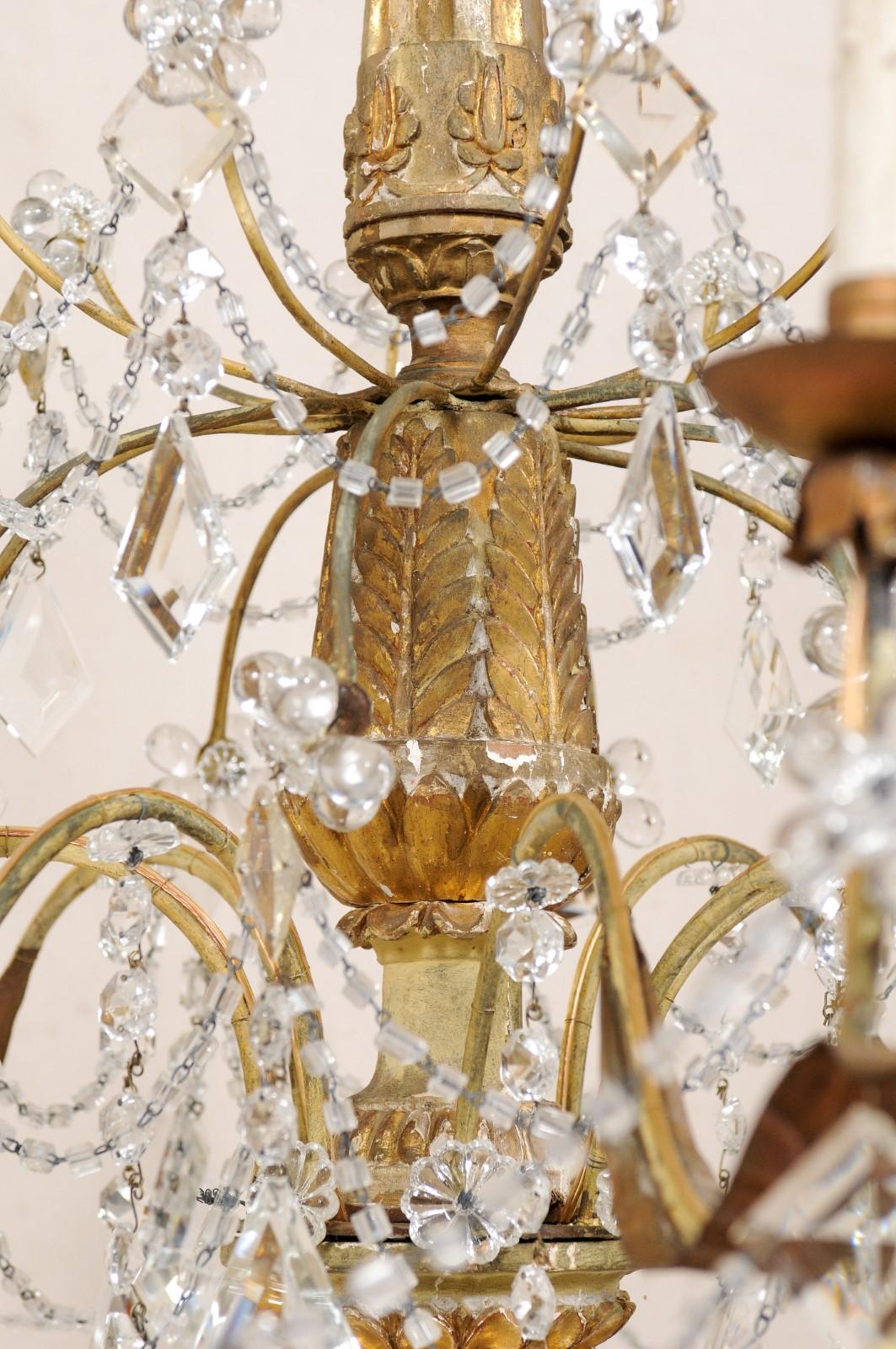 Elegant Italian Crystal and Giltwood Eight-Light Chandelier, Early 20th Century 4