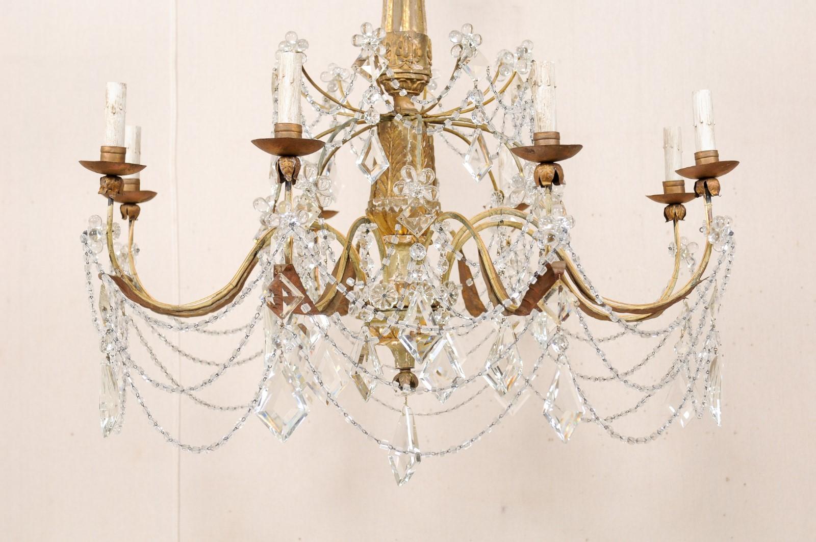 Elegant Italian Crystal and Giltwood Eight-Light Chandelier, Early 20th Century 5