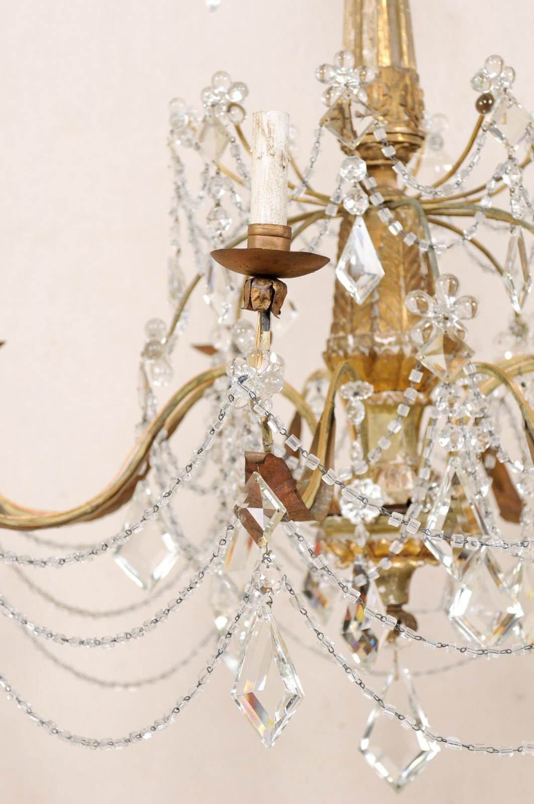 Elegant Italian Crystal and Giltwood Eight-Light Chandelier, Early 20th Century 6