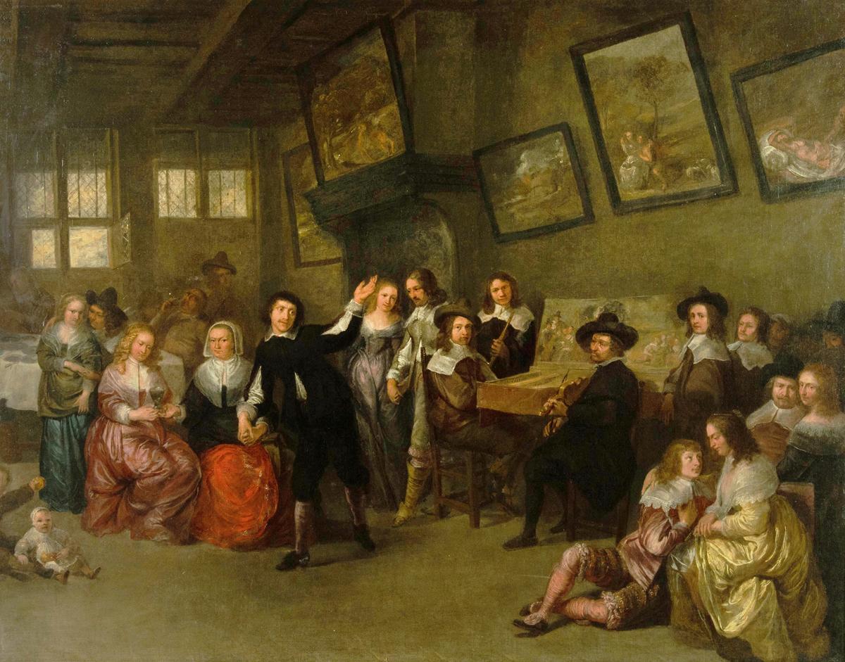 An Elegant Musical Party in an Interior’ attributed to Gillis van Tilborgh, oil on canvas depicting a Dutch genre scene with figures dressed in rich silk clothing, fine lace ruffs and fichu collars grouped round musicians playing a clavichord, a