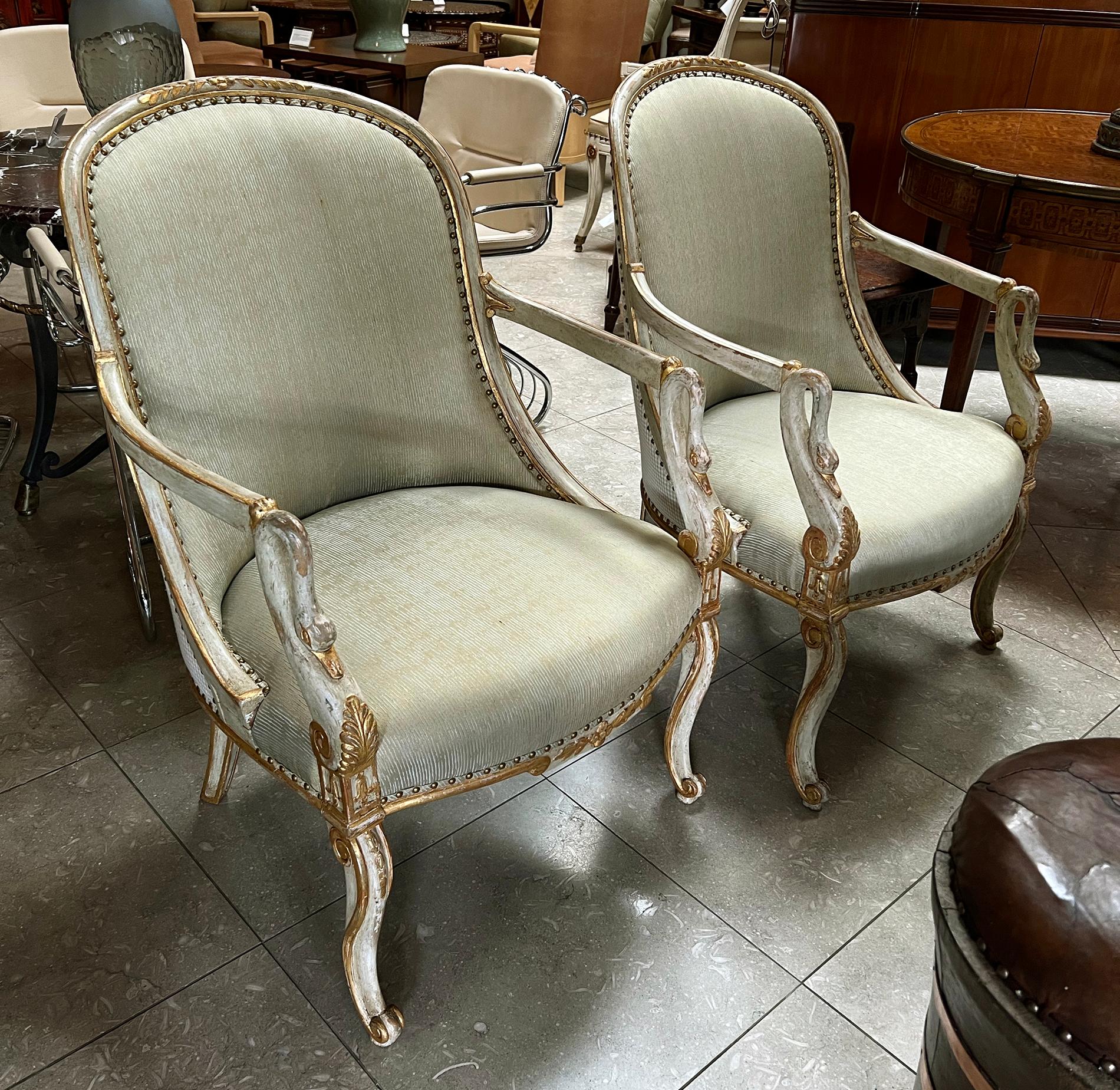 An Elegant Pair Italian Empire Pale-green Painted and Parcel-gilt Armchairs For Sale 6
