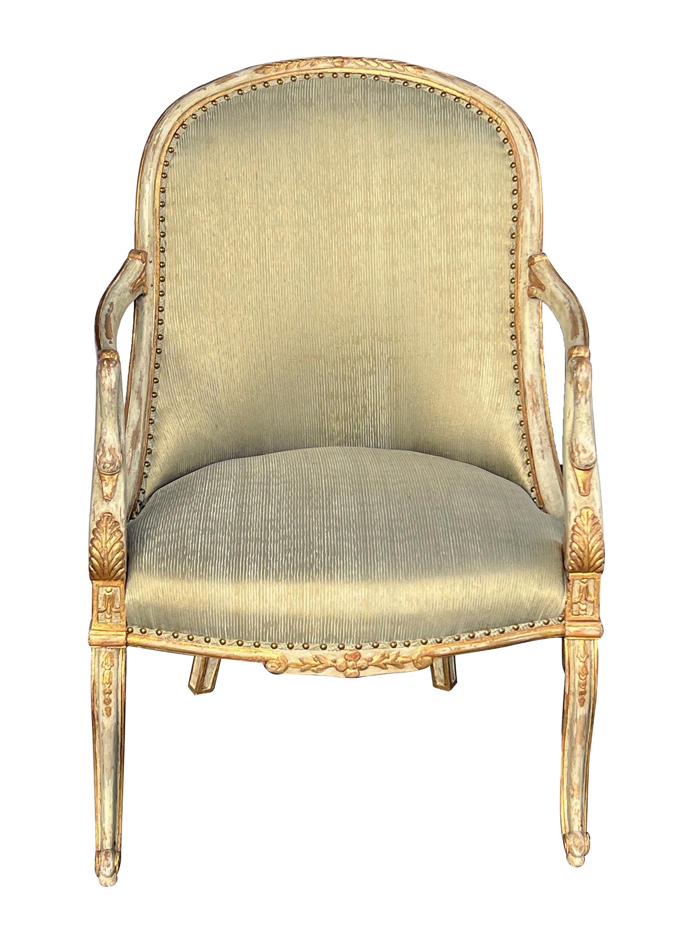 each with incurved back sloping to join a tight seat flanked by bowed arms ending in swan neck terminals; raised on cabriole legs; adorned overall with giltwood acanthus leaves, bellflowers and scrollwork