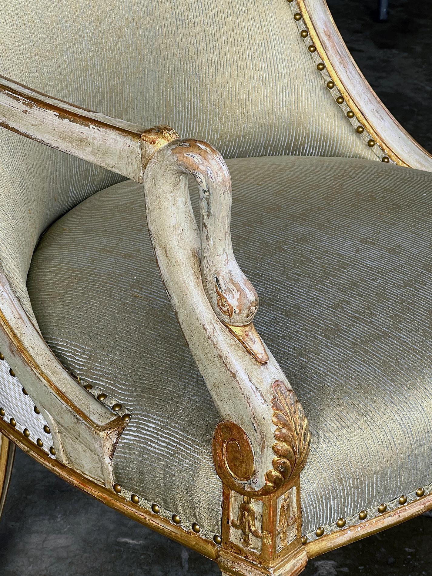 Early 19th Century An Elegant Pair Italian Empire Pale-green Painted and Parcel-gilt Armchairs For Sale