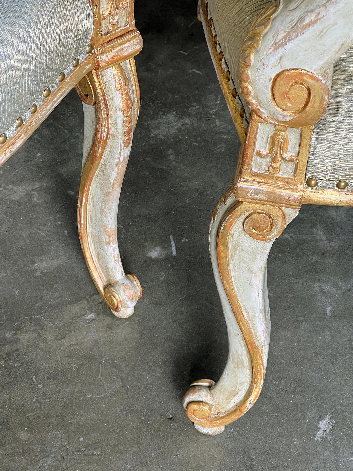 An Elegant Pair Italian Empire Pale-green Painted and Parcel-gilt Armchairs For Sale 4