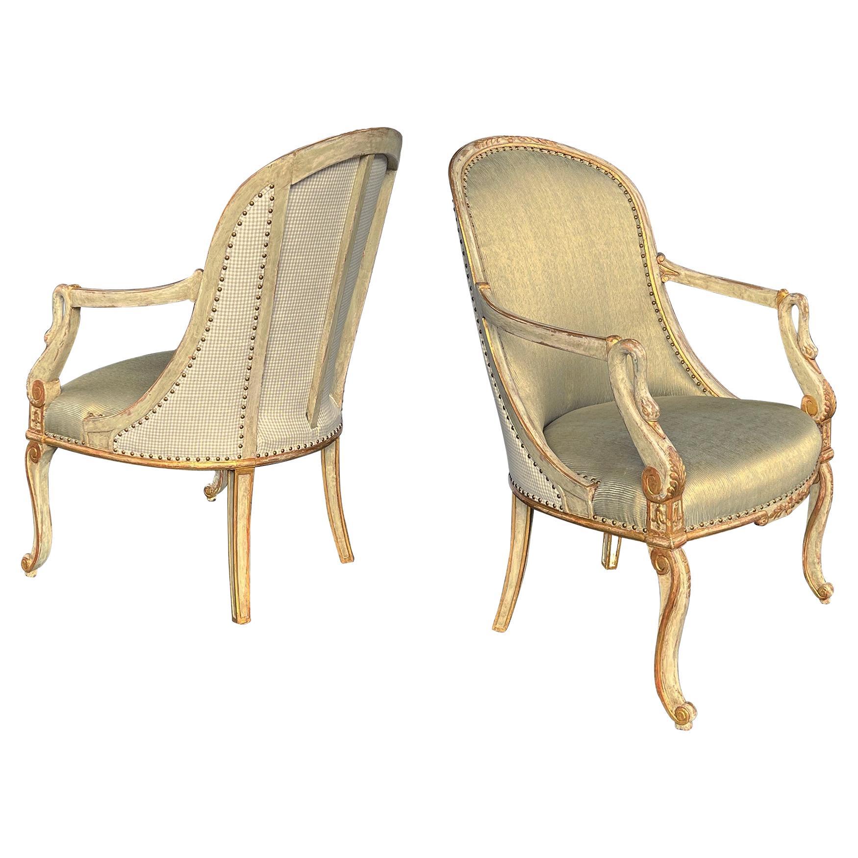 An Elegant Pair Italian Empire Pale-green Painted and Parcel-gilt Armchairs