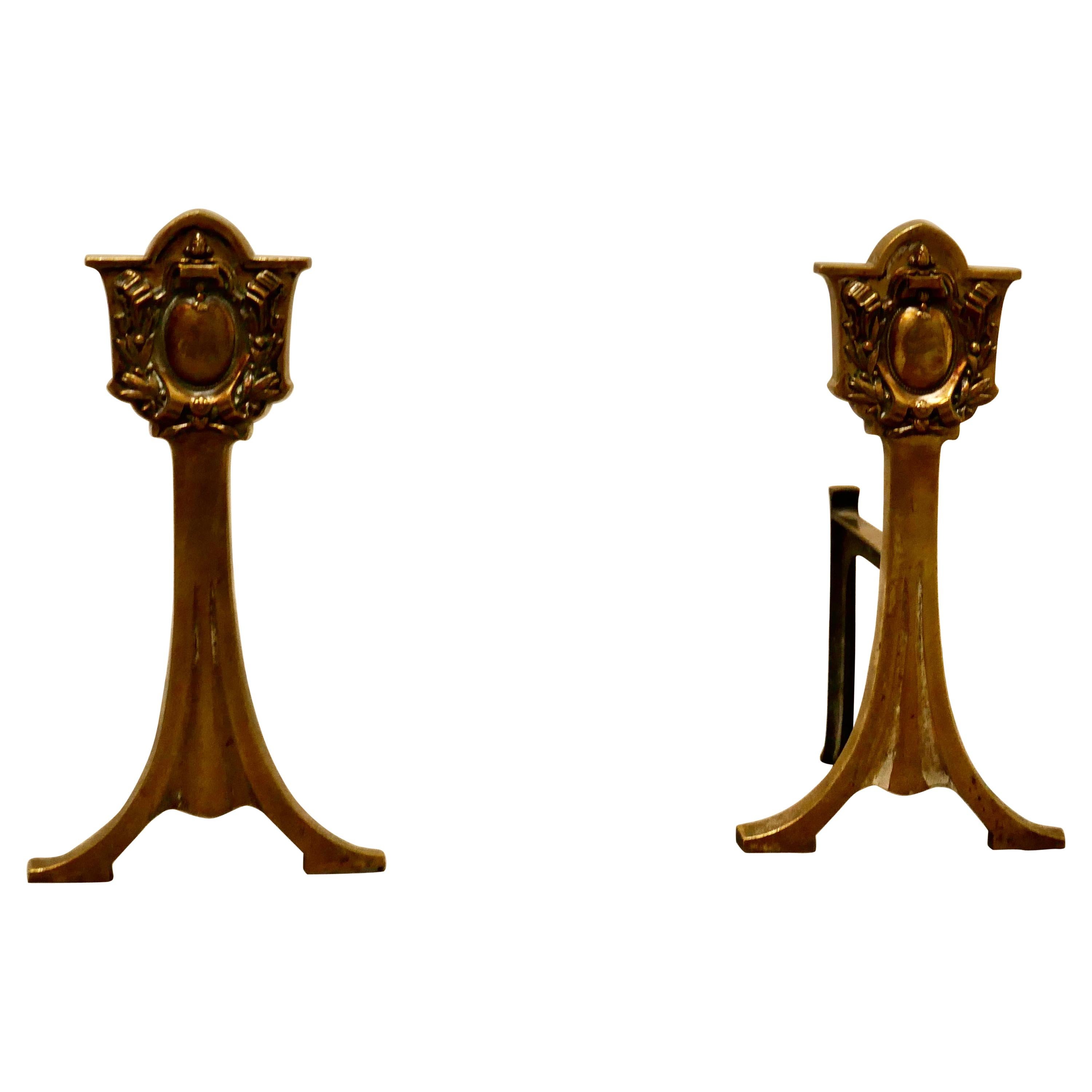 Elegant Pair of 19th Century Brass Andirons or Fire Dogs