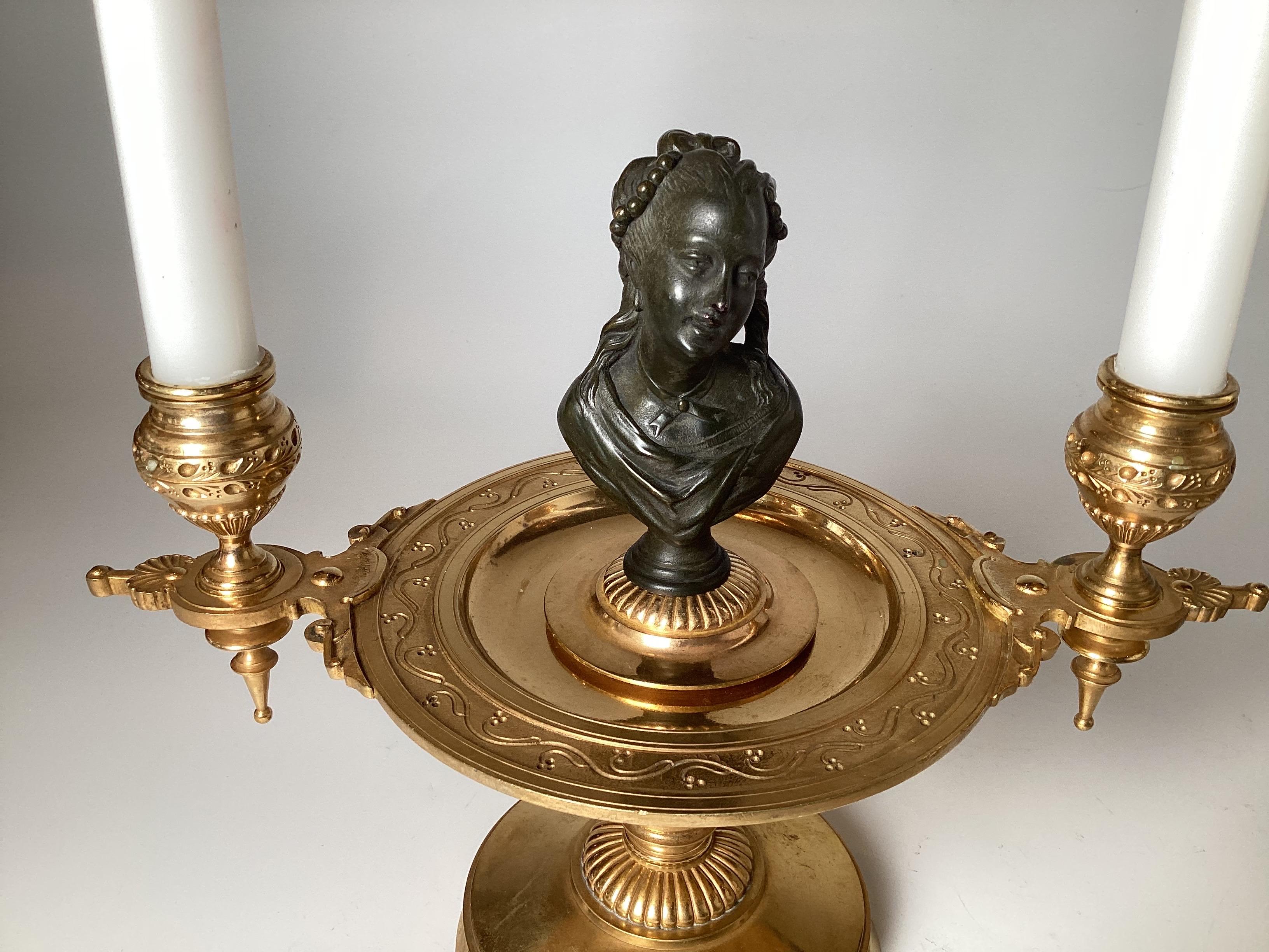 An Elegant Pair of Antique French, Gilt and Patinated Bronze Figure Candelabra  In Good Condition For Sale In Lambertville, NJ