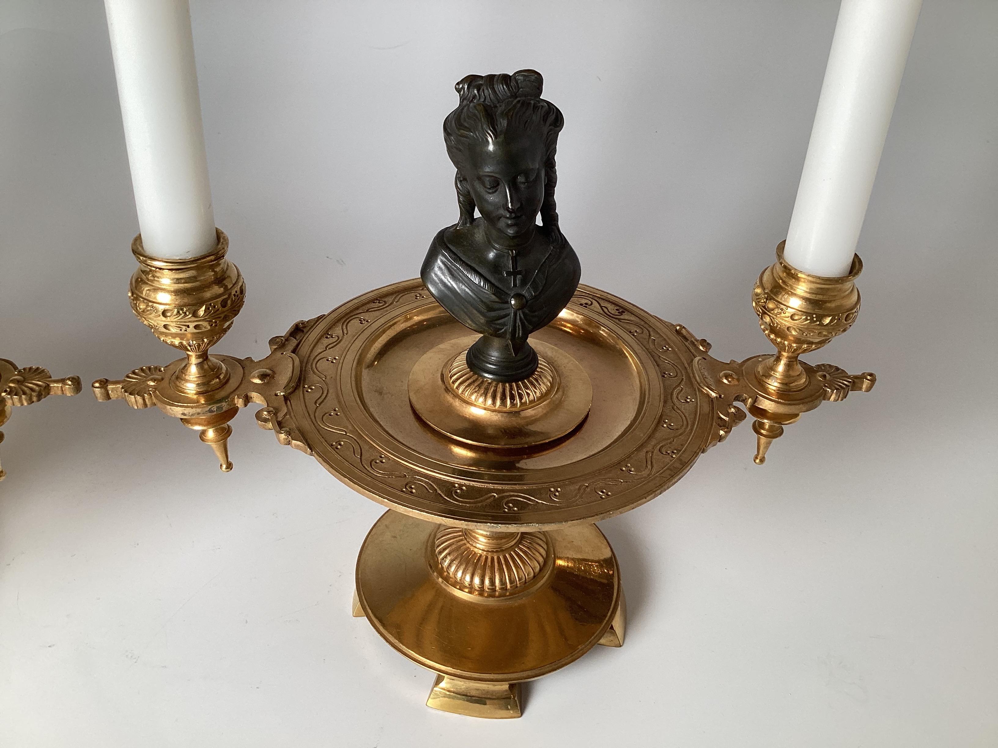 Late 19th Century An Elegant Pair of Antique French, Gilt and Patinated Bronze Figure Candelabra  For Sale