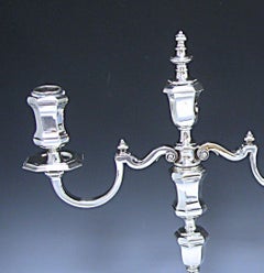 Elegant Pair of Antique George V Cast Sterling Silver 3-Light Candelabra