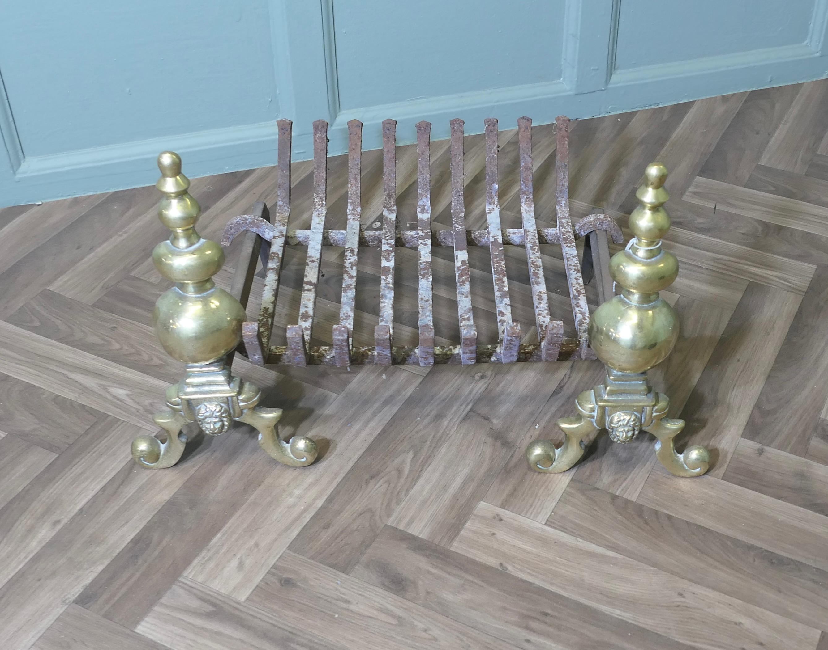 Victorian An Elegant Pair of Brass Andirons Complete with Grate For Sale