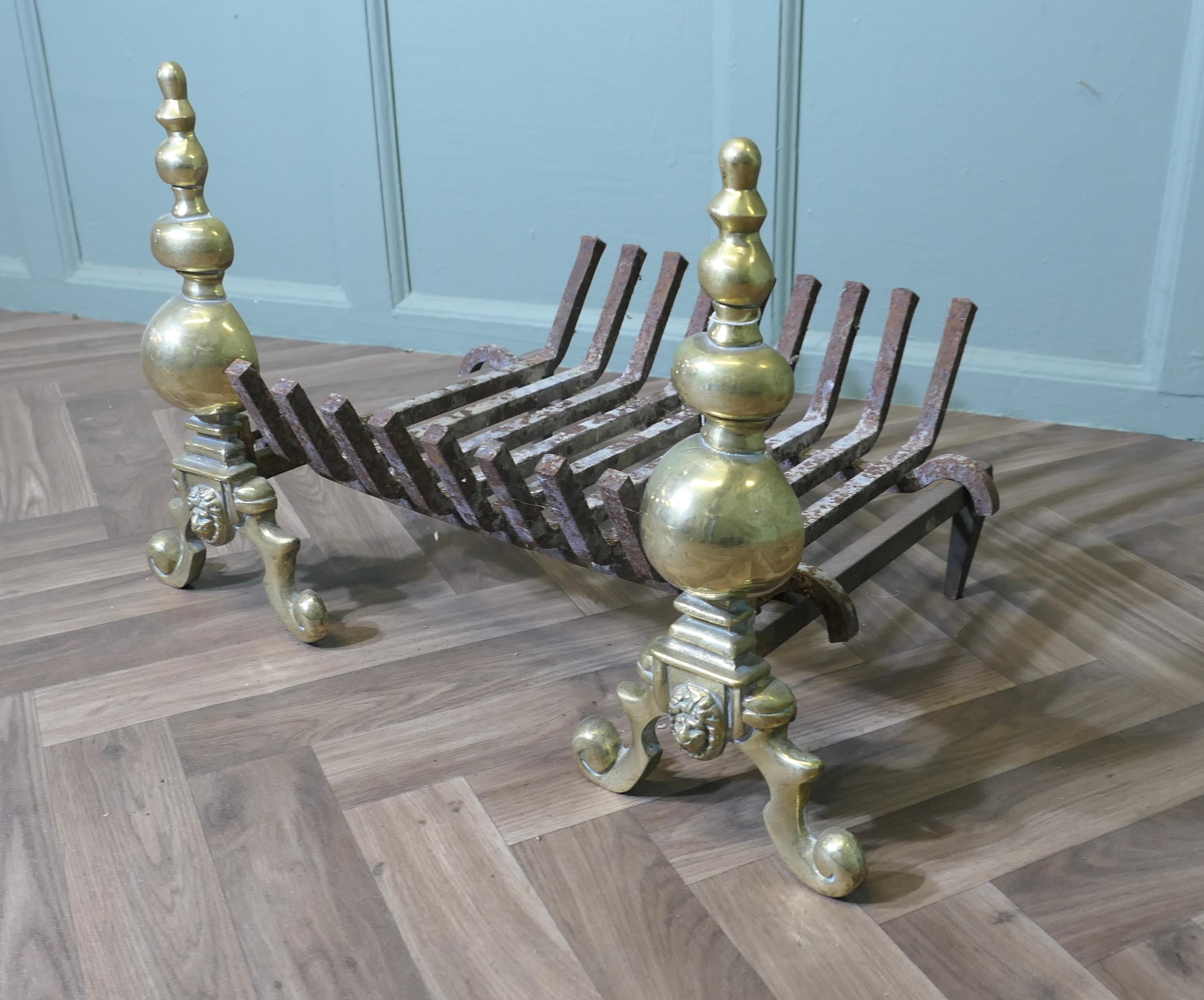 19th Century An Elegant Pair of Brass Andirons Complete with Grate For Sale