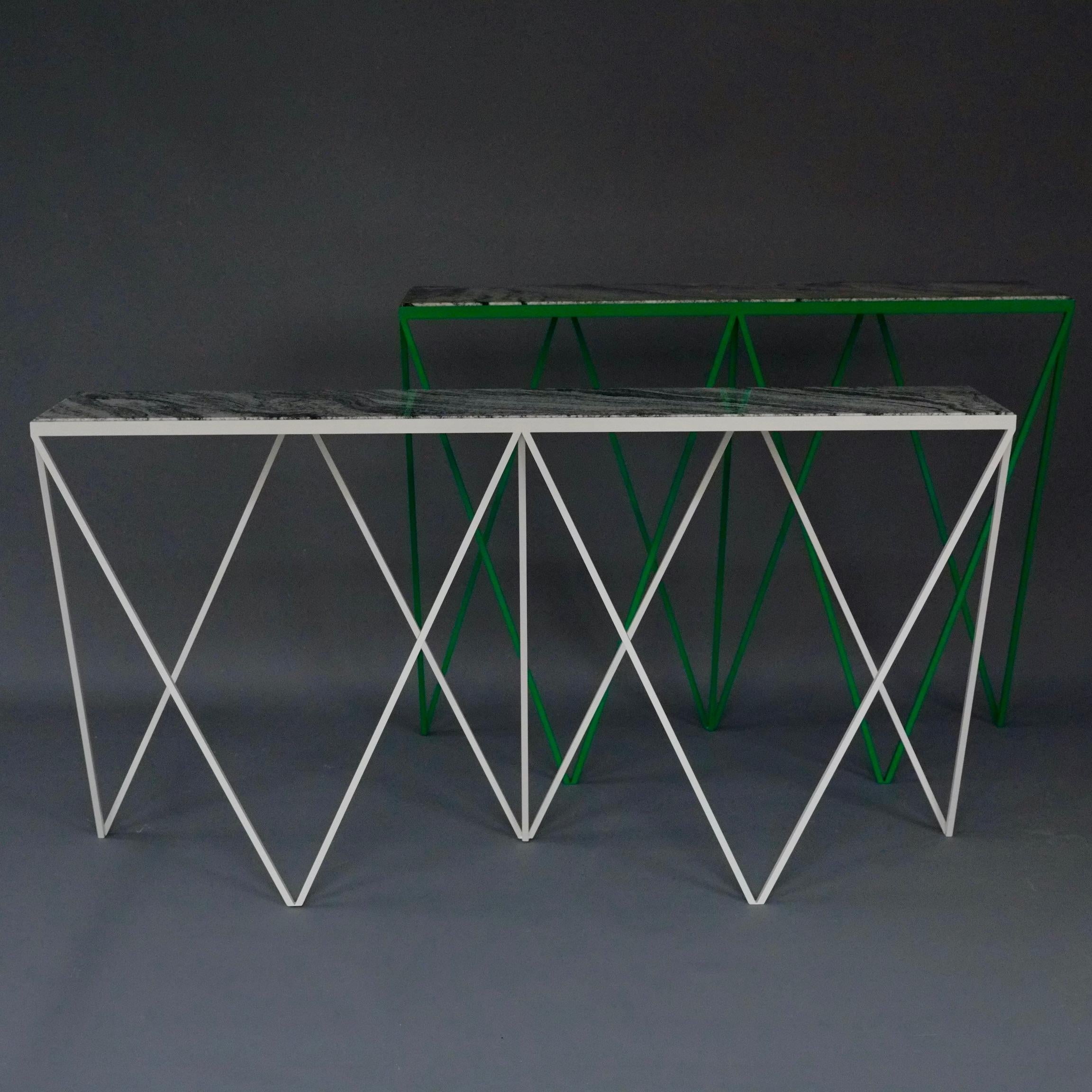 Steel Elegant Pair of Console Tables with Granite / Marble Table Top / Customizable For Sale